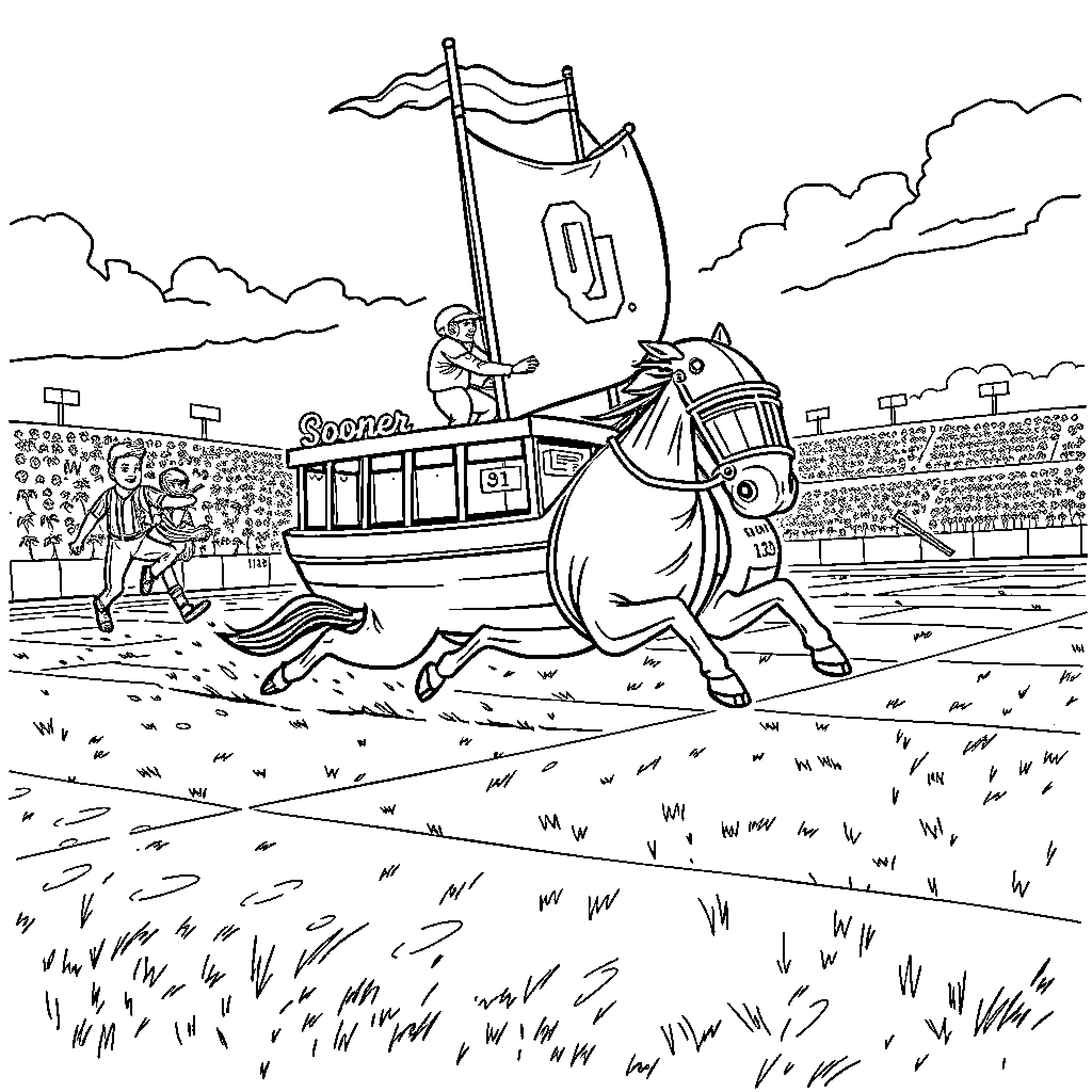 Schooner Races in Stadium Arena Coloring Page (free black-and-white line drawing printable PDF for all, from beginners to advanced learners, including children, teens, adults, and seniors)
