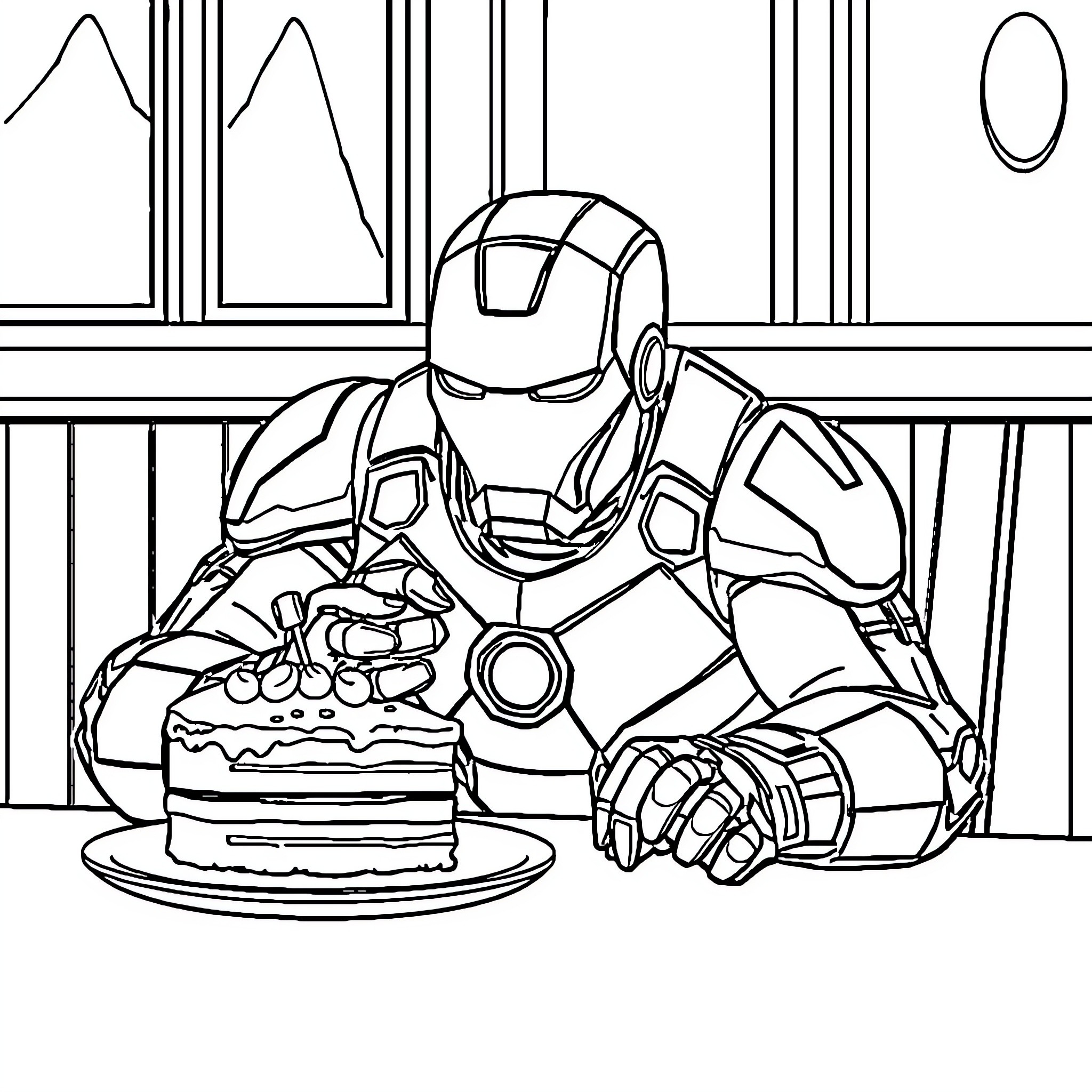 Ironman enjoying a delicious cake Coloring Page (free black-and-white line drawing printable PDF for all, from beginners to advanced learners, including children, teens, adults, and seniors)