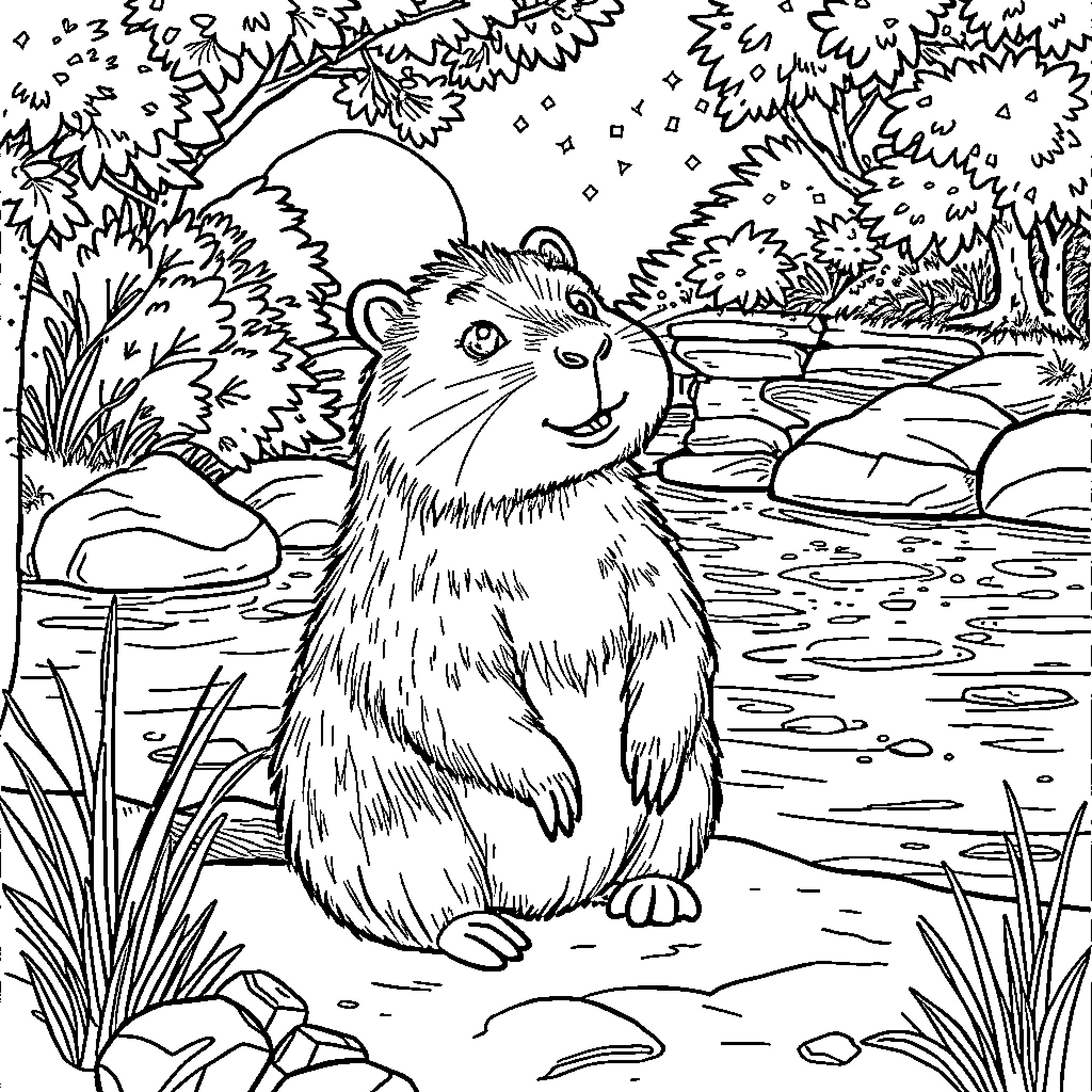 Capybara sitting peacefully by the stream Coloring Page (free black-and-white line drawing printable PDF for all, from beginners to advanced learners, including children, teens, adults, and seniors)