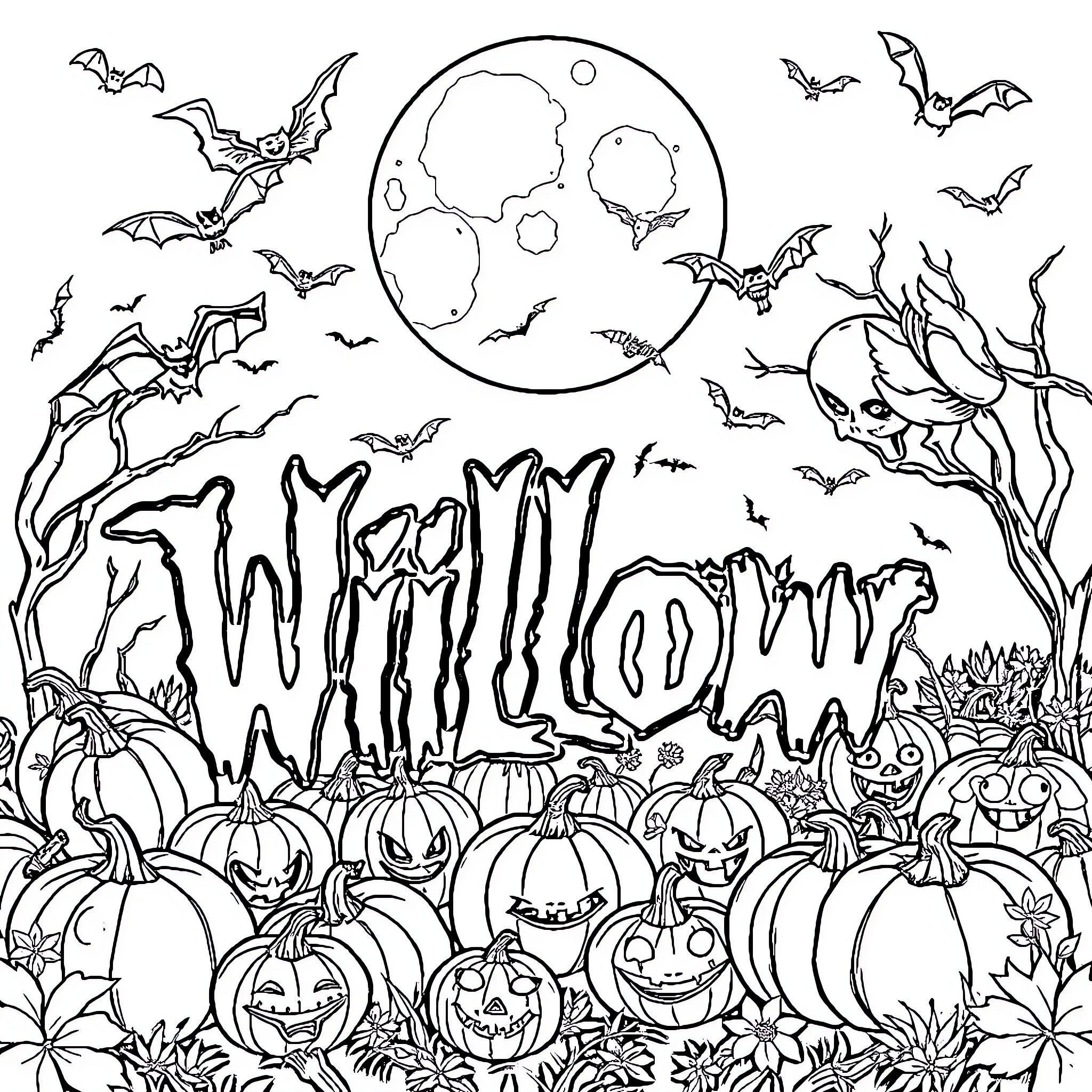 Willow's Spooky Halloween Night Coloring Page (free black-and-white line drawing printable PDF for all, from beginners to advanced learners, including children, teens, adults, and seniors)