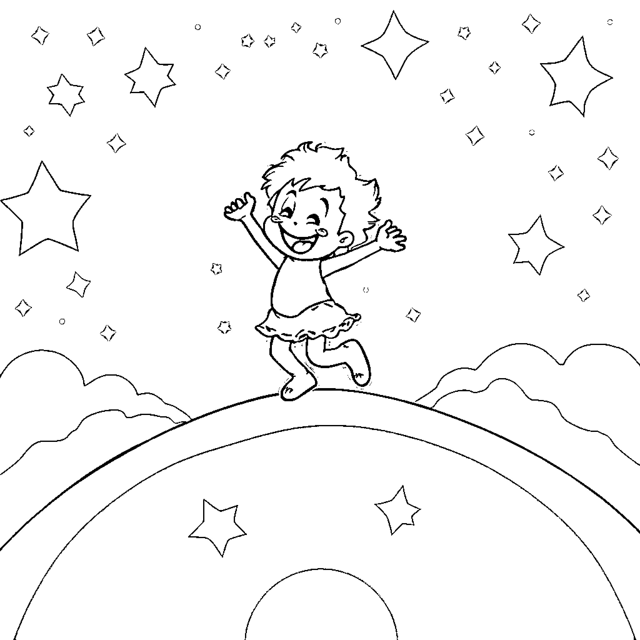 Deku playing happily among the stars Coloring Page (free black-and-white line drawing printable PDF for all, from beginners to advanced learners, including children, teens, adults, and seniors)