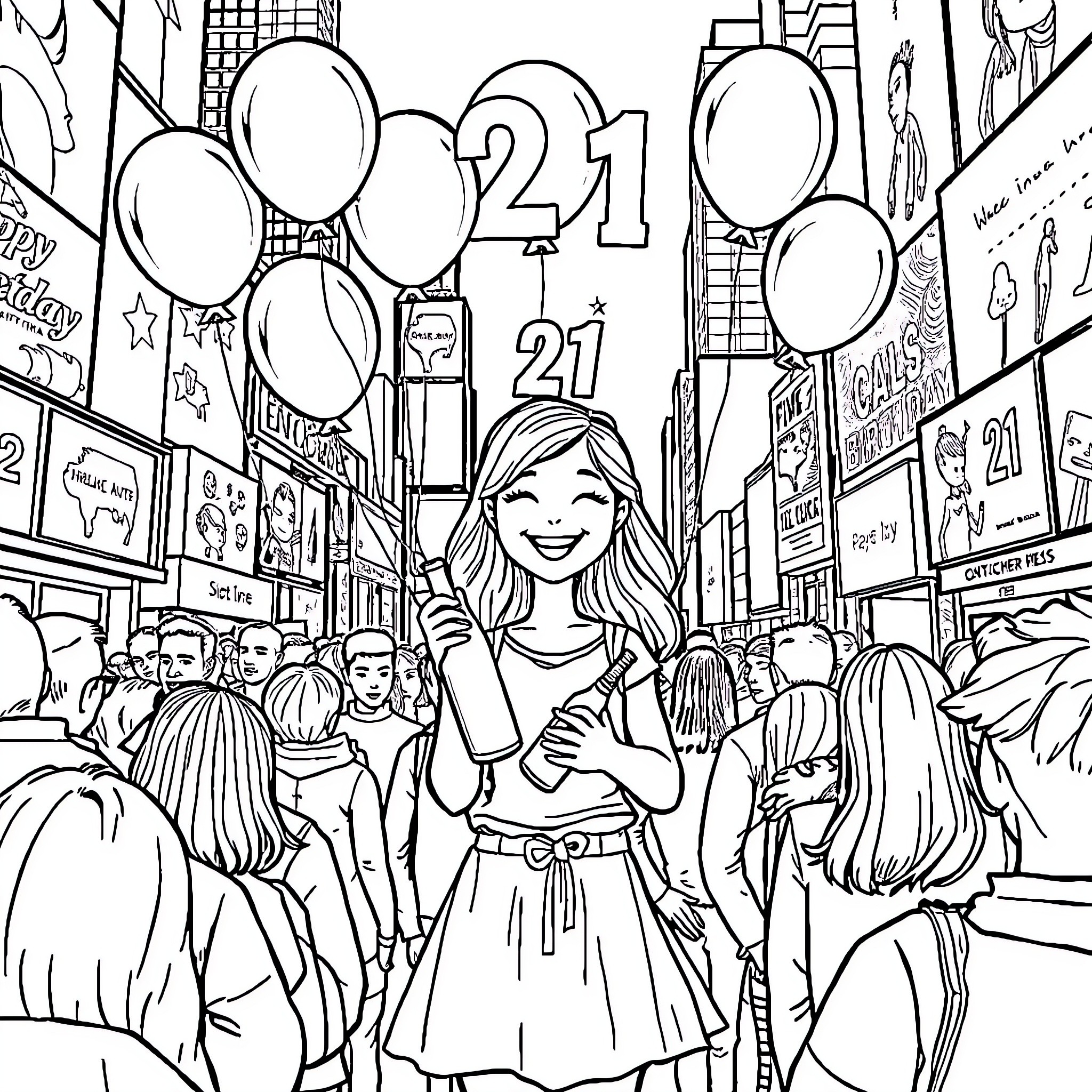 Girl celebrating her 21st birthday in Times Square Coloring Page (free black-and-white line drawing printable PDF for all, from beginners to advanced learners, including children, teens, adults, and seniors)