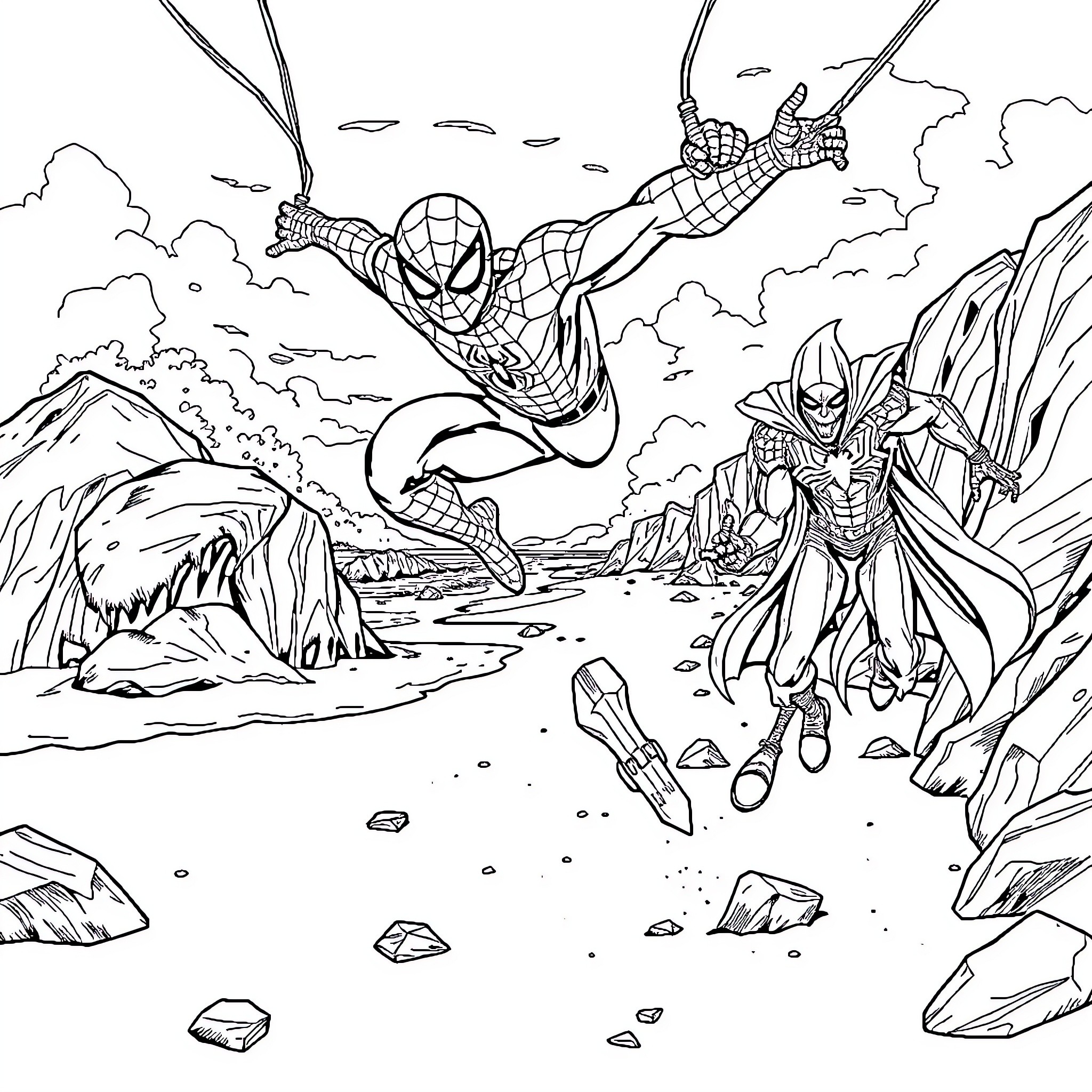Spiderman swinging past a heroic warrior in the sky Coloring Page (free black-and-white line drawing printable PDF for all, from beginners to advanced learners, including children, teens, adults, and seniors)