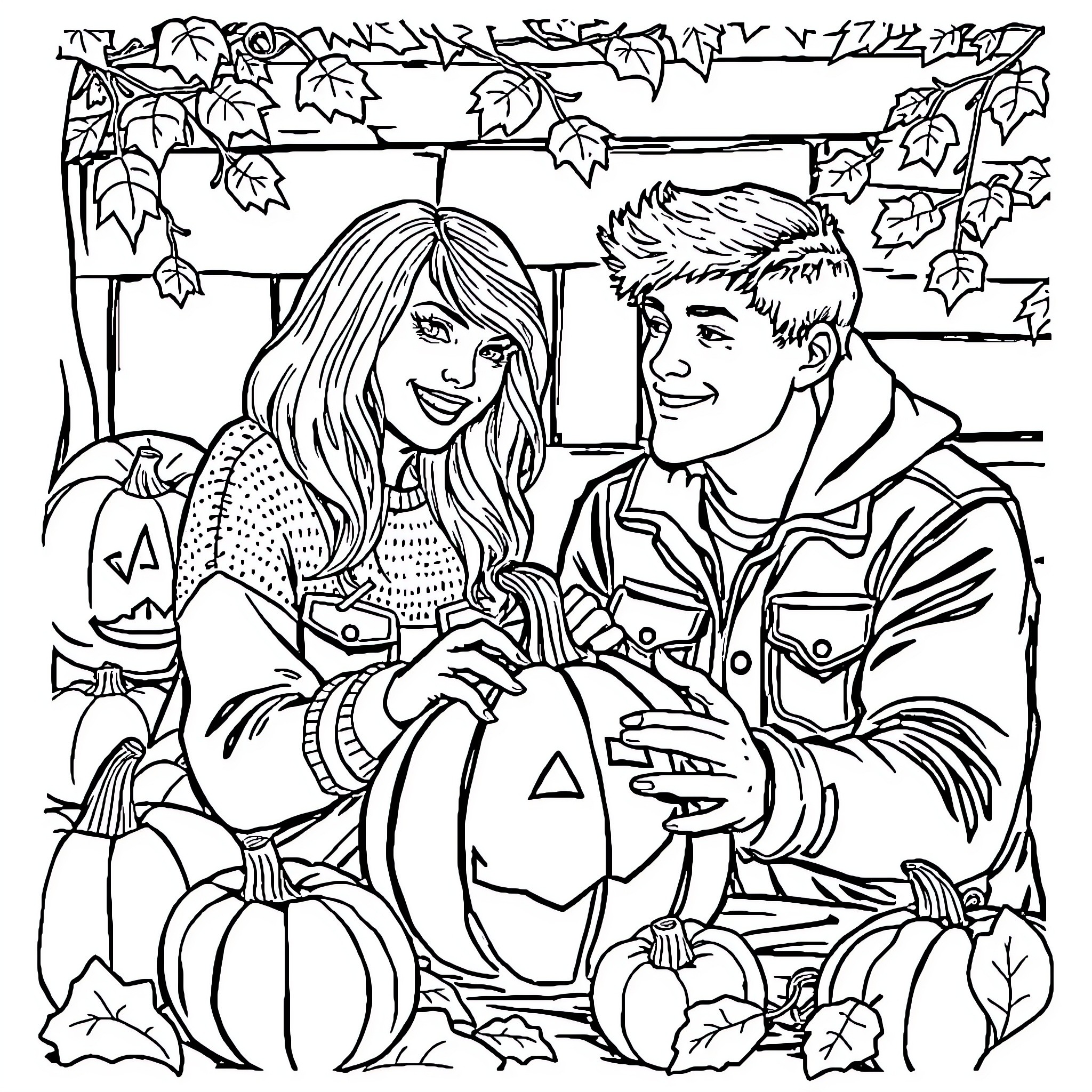 Taylor Swift and partner carving pumpkins in autumn scene Coloring Page (free black-and-white line drawing printable PDF for all, from beginners to advanced learners, including children, teens, adults, and seniors)