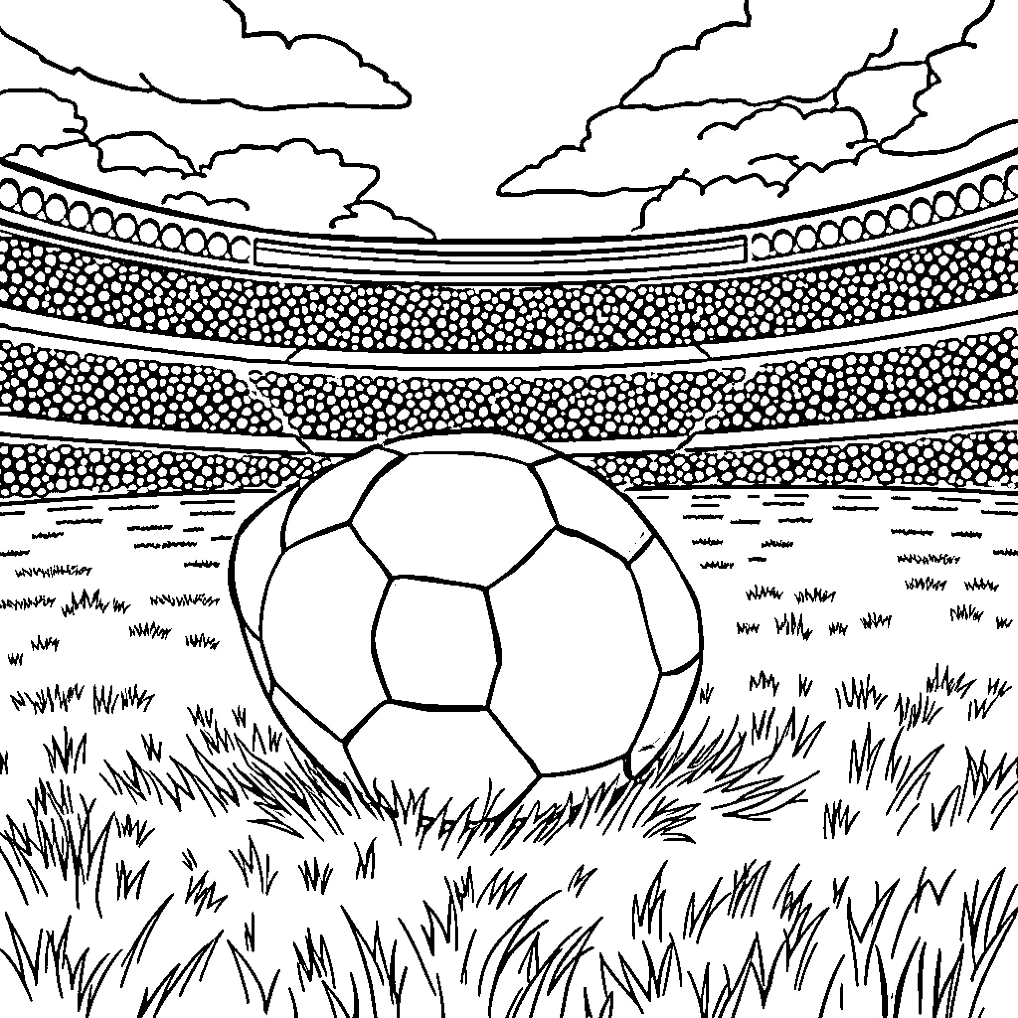 Football stadium with ball on the field Coloring Page (free black-and-white line drawing printable PDF for all, from beginners to advanced learners, including children, teens, adults, and seniors)
