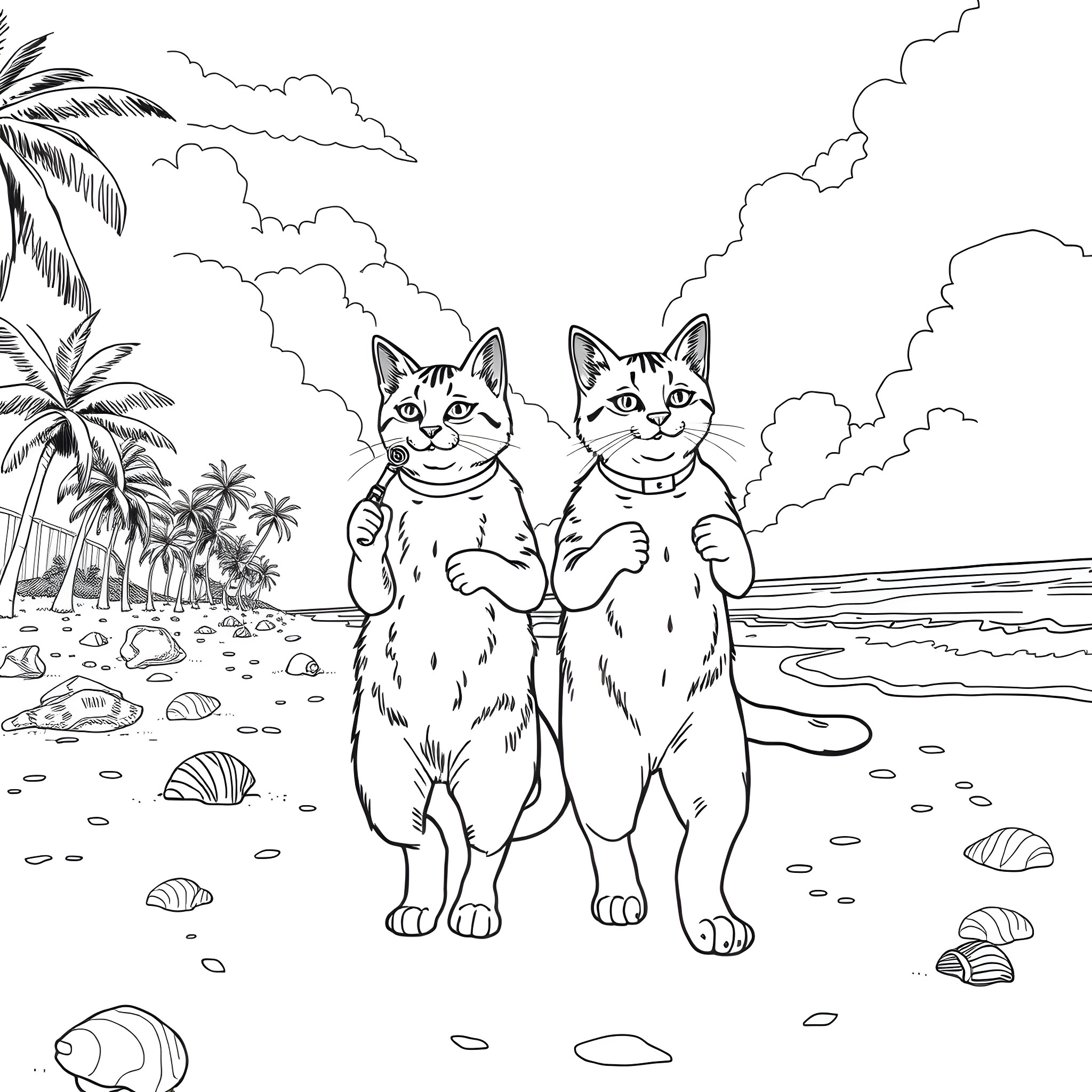 Cats enjoying a beach day Coloring Page (free black-and-white line drawing printable PDF for all, from beginners to advanced learners, including children, teens, adults, and seniors)