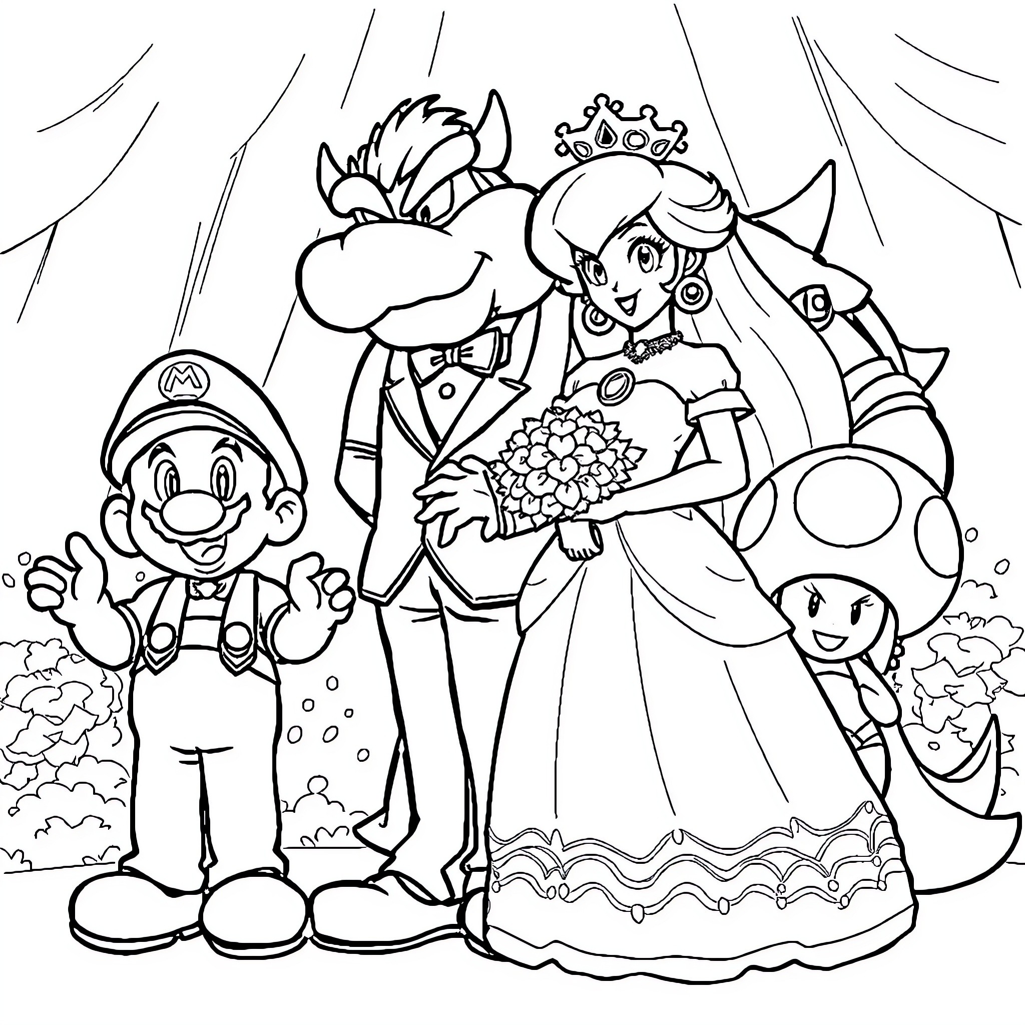 Princess Mario and Peach's Fairytale Wedding Coloring Page (free black-and-white line drawing printable PDF for all, from beginners to advanced learners, including children, teens, adults, and seniors)