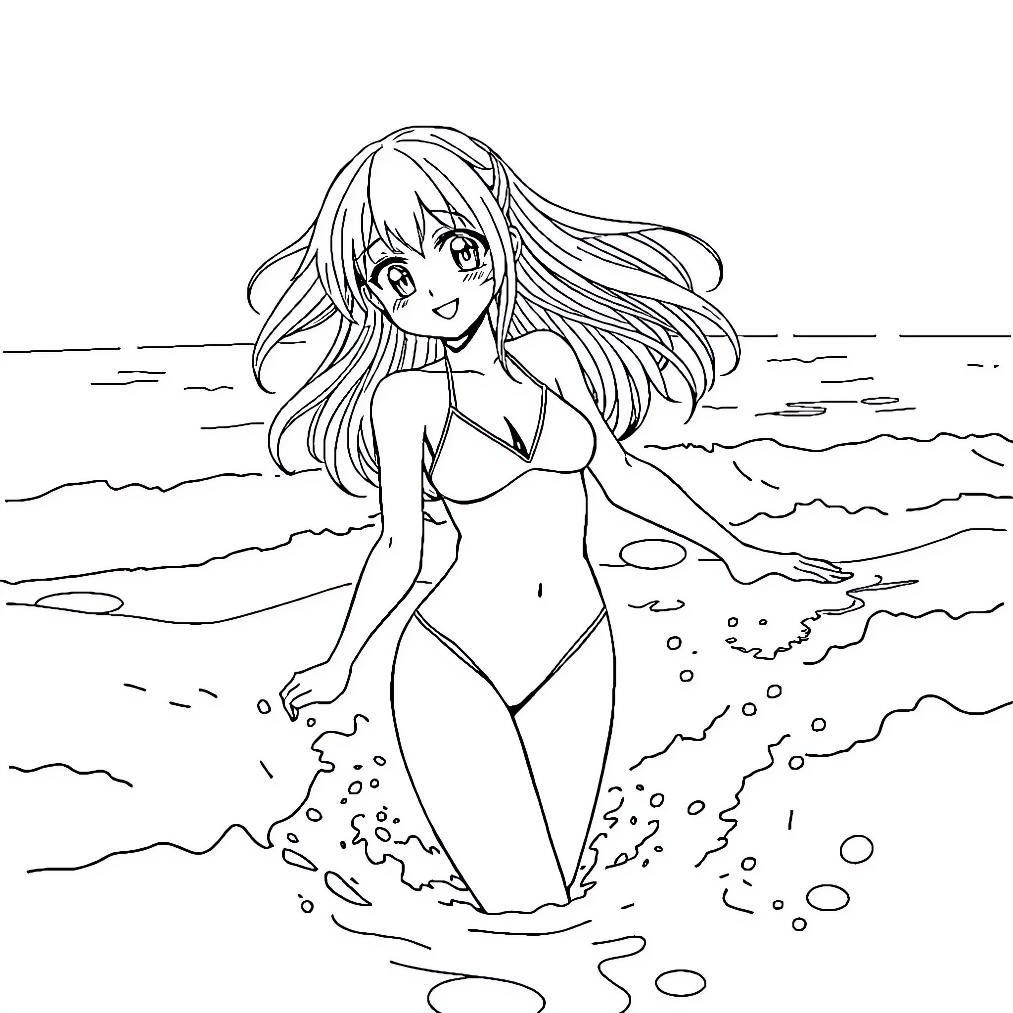 Anime Girl in Swimsuit by the Sea Coloring Page (free black-and-white line drawing printable PDF for all, from beginners to advanced learners, including children, teens, adults, and seniors)