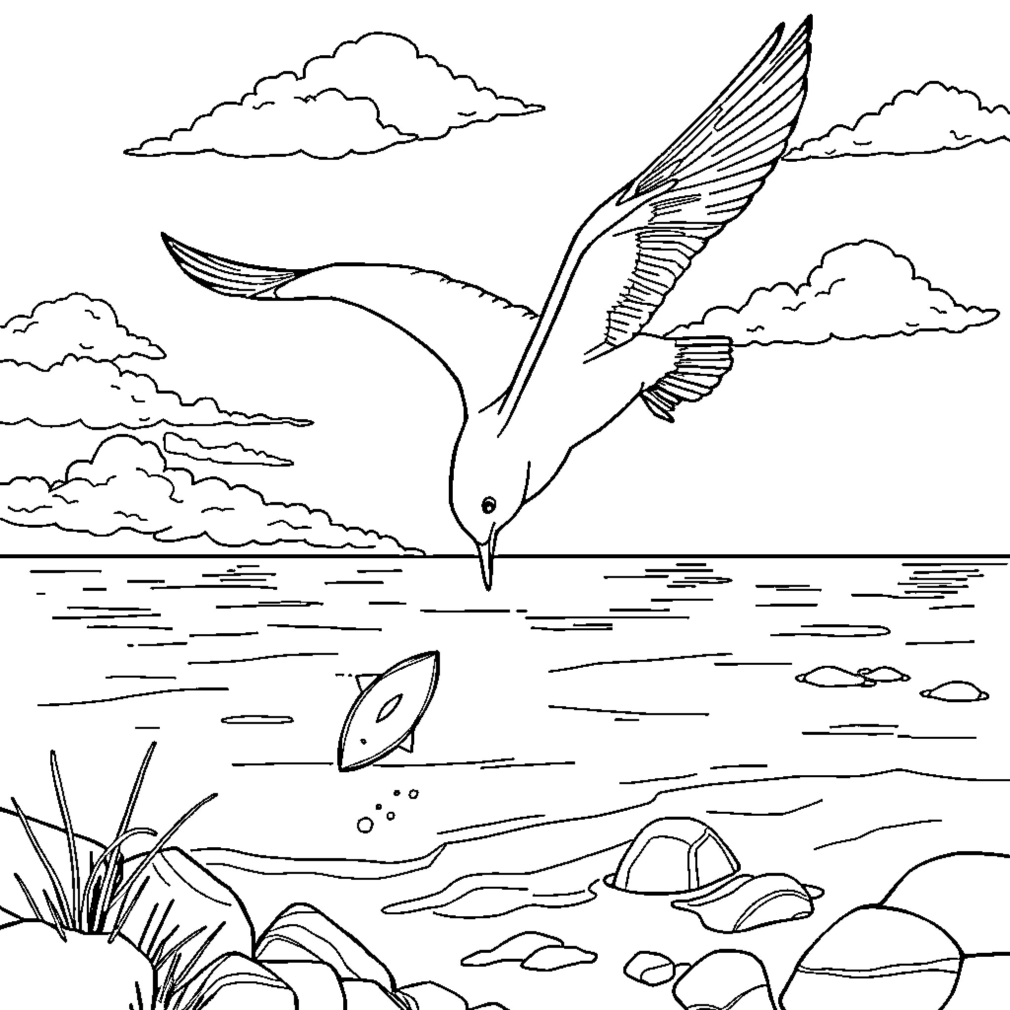 Seagull soaring gracefully over the calm waters Coloring Page (free black-and-white line drawing printable PDF for all, from beginners to advanced learners, including children, teens, adults, and seniors)