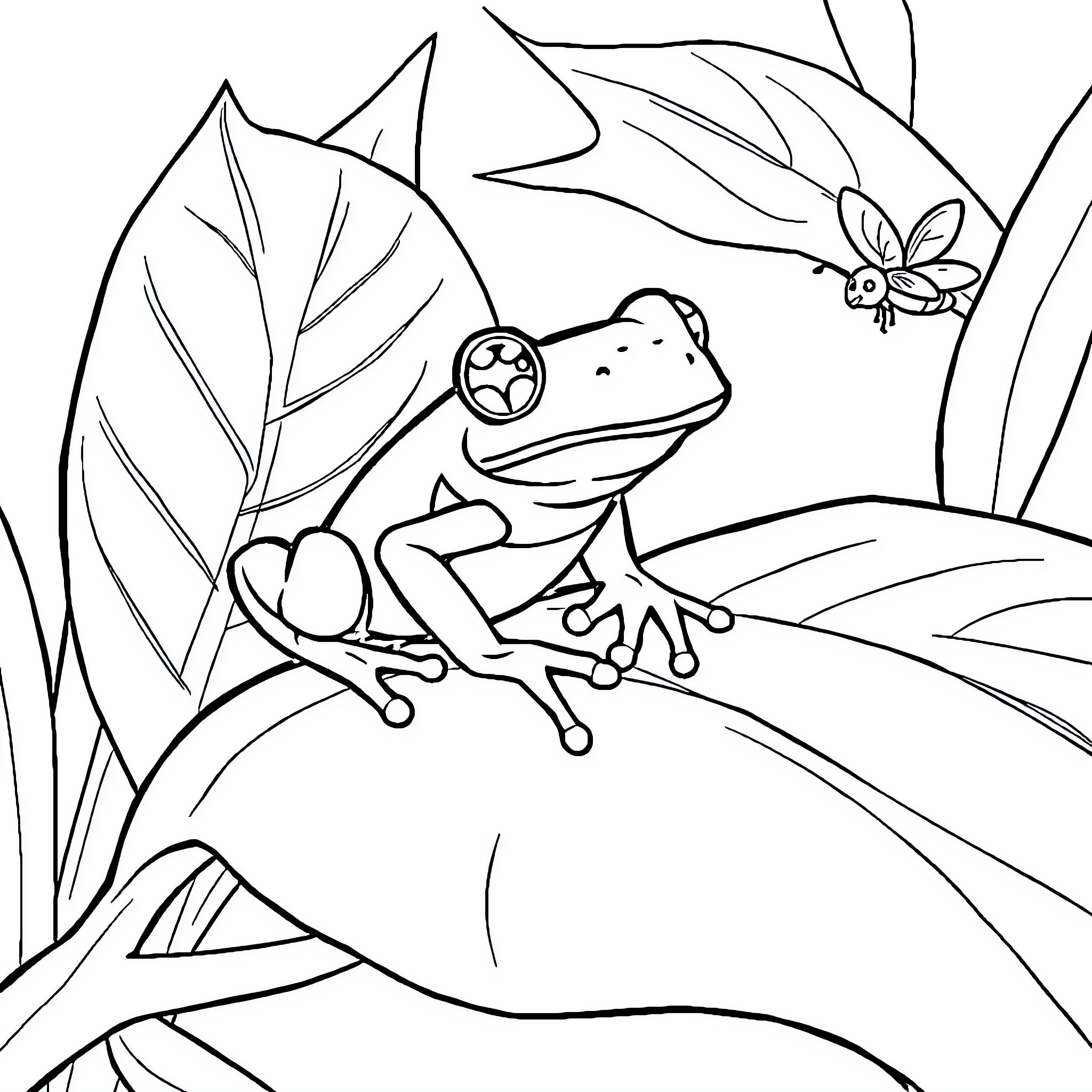 Frog resting on leaf with butterfly Coloring Page (free black-and-white line drawing printable PDF for all, from beginners to advanced learners, including children, teens, adults, and seniors)