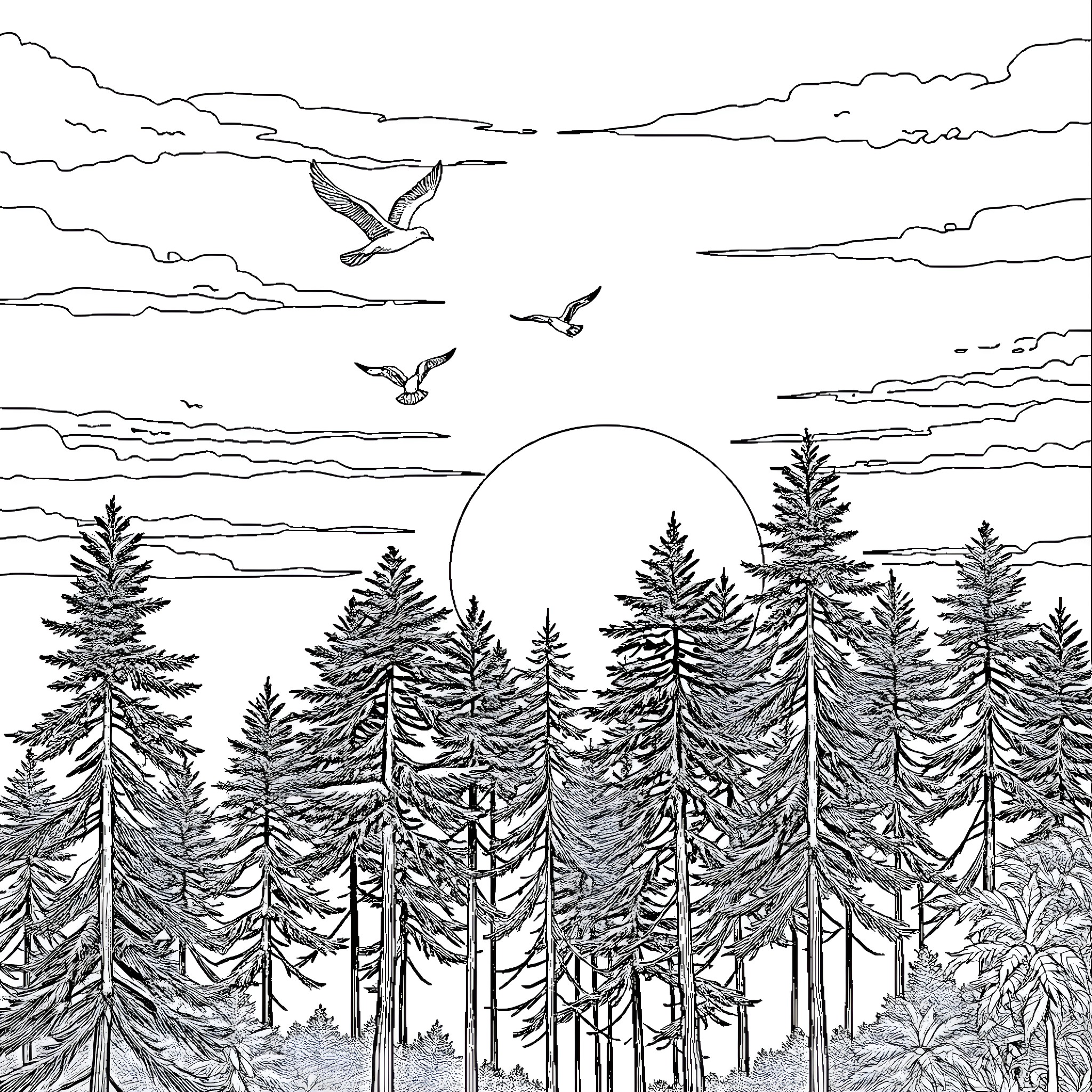 Bird soaring over a pine forest landscape Coloring Page (free black-and-white line drawing printable PDF for all, from beginners to advanced learners, including children, teens, adults, and seniors)
