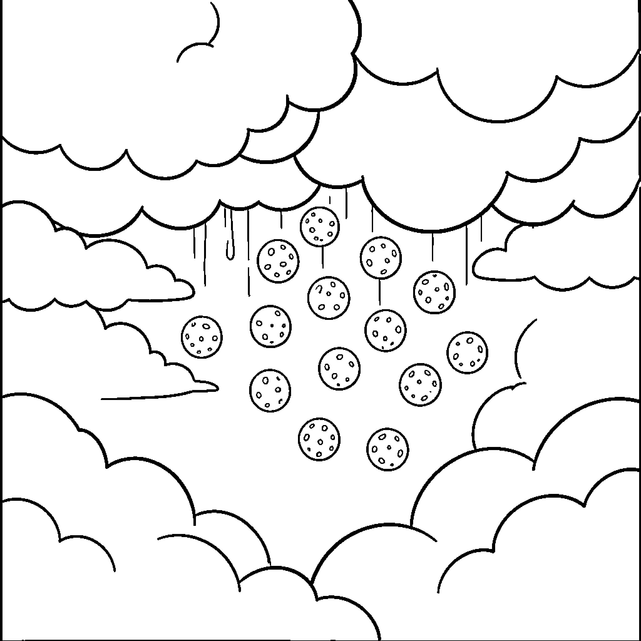 Meatball rainy day in the clouds Coloring Page (free black-and-white line drawing printable PDF for all, from beginners to advanced learners, including children, teens, adults, and seniors)