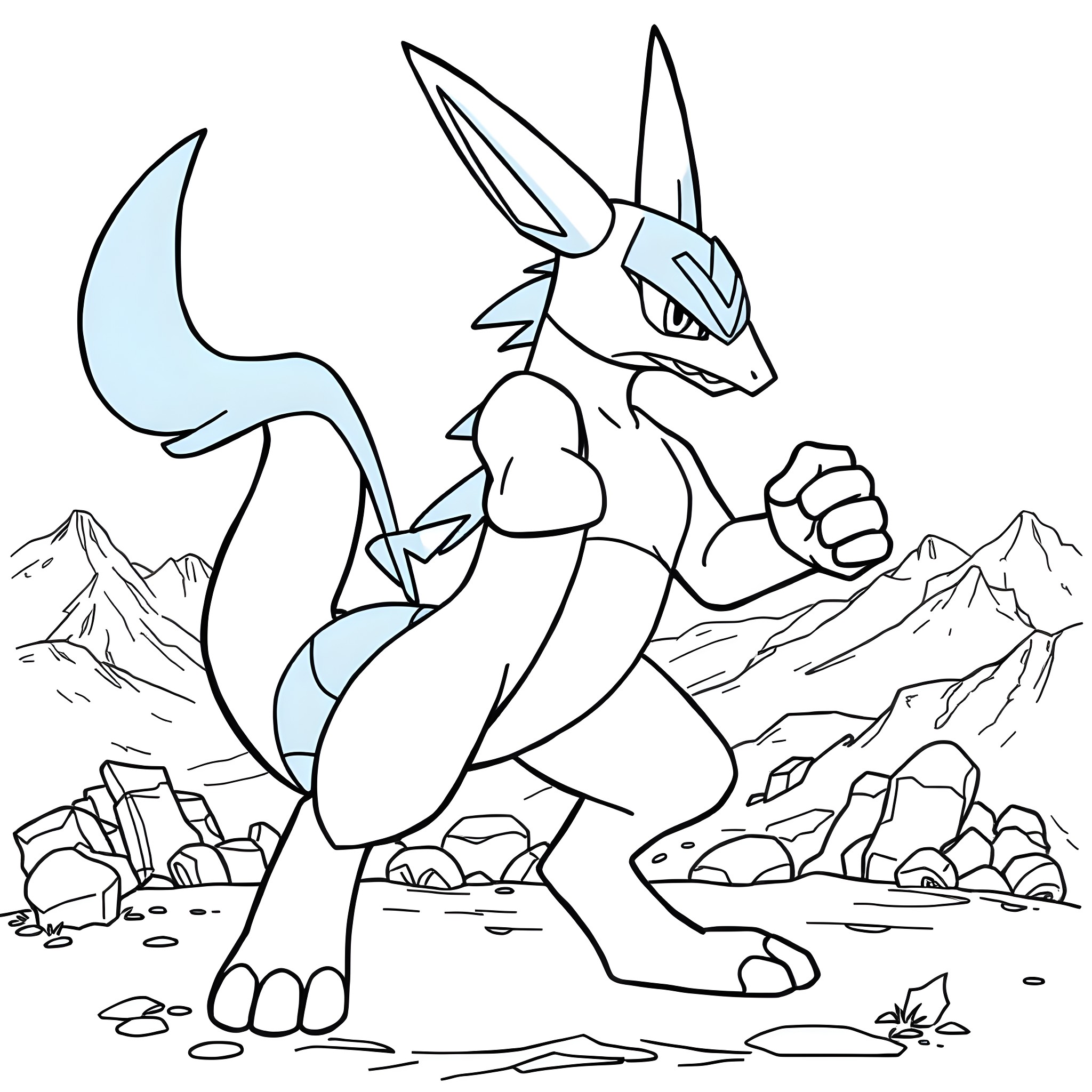 Lucario standing in a mountainous landscape Coloring Page (free black-and-white line drawing printable PDF for all, from beginners to advanced learners, including children, teens, adults, and seniors)
