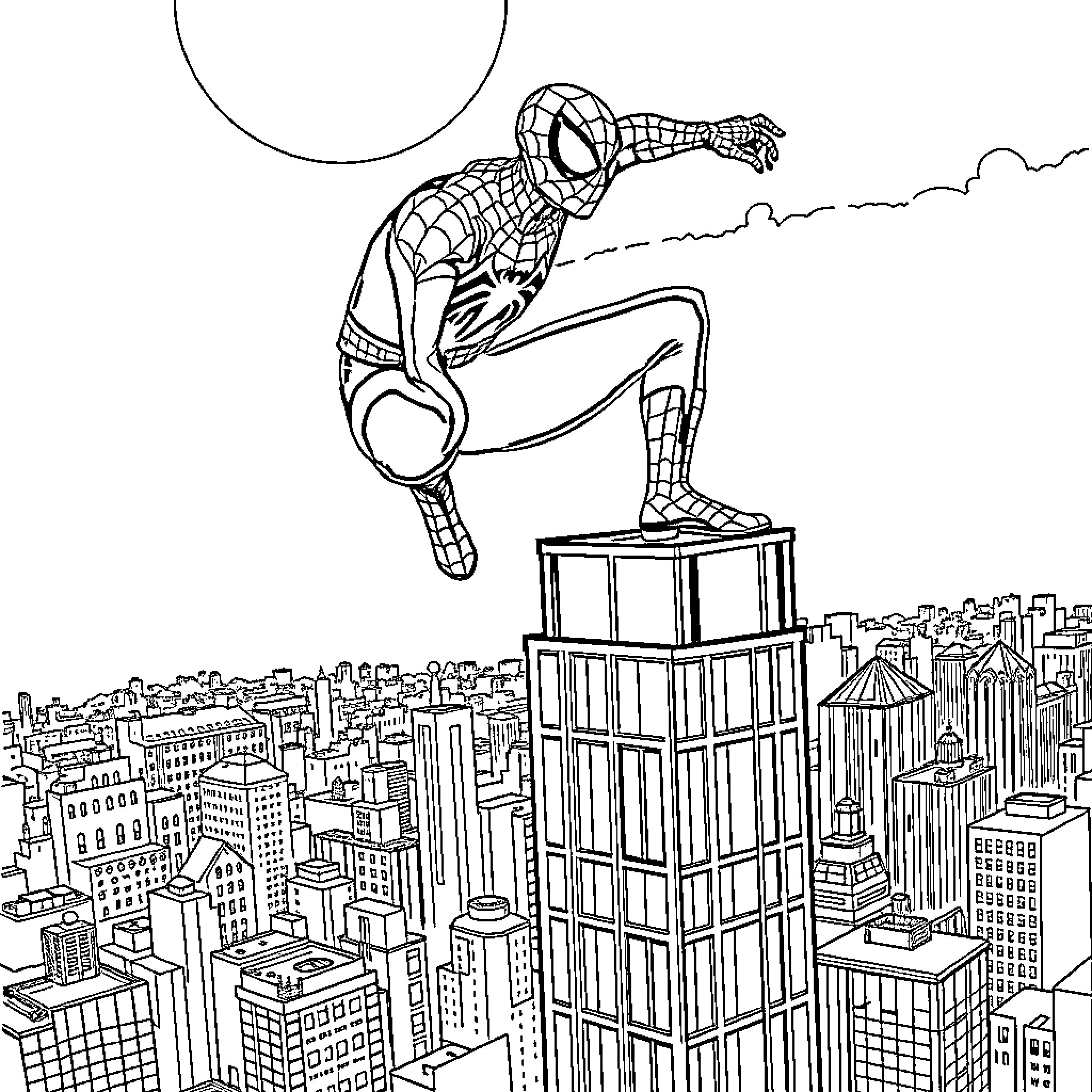 Spiderman crouching on top of a city skyscraper Coloring Page (free black-and-white line drawing printable PDF for all, from beginners to advanced learners, including children, teens, adults, and seniors)