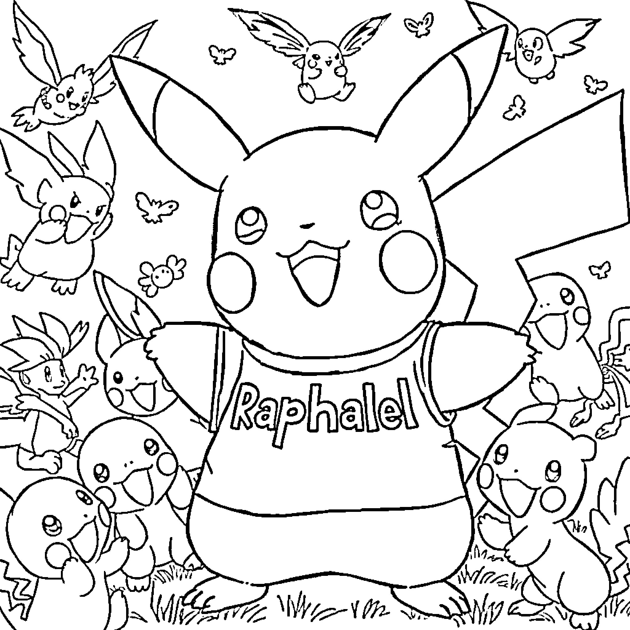 Pikachu and friends in a colorful scene Coloring Page (free black-and-white line drawing printable PDF for all, from beginners to advanced learners, including children, teens, adults, and seniors)