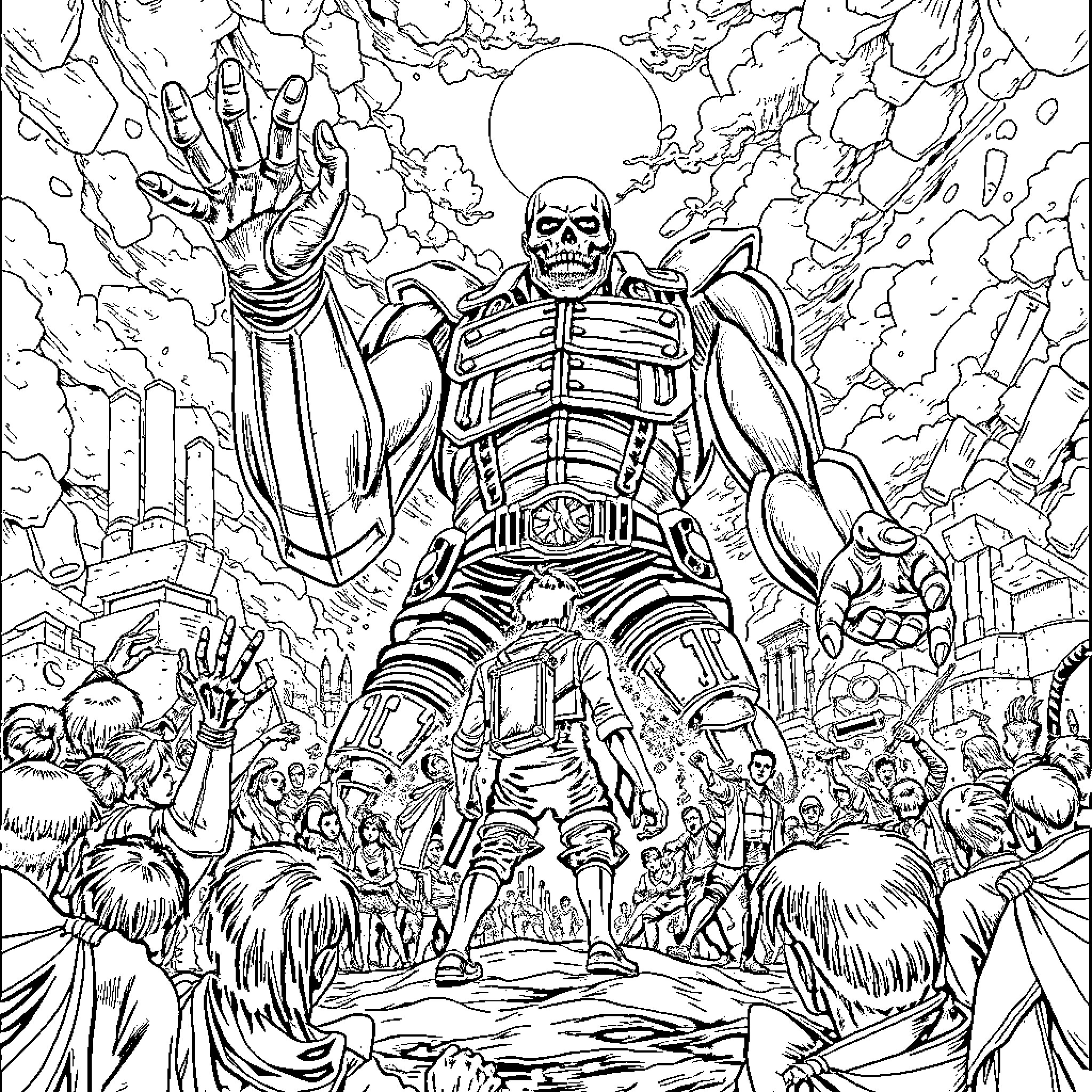 Attack on Titan: Titan Rampage Through the City Coloring Page (free black-and-white line drawing printable PDF for all, from beginners to advanced learners, including children, teens, adults, and seniors)