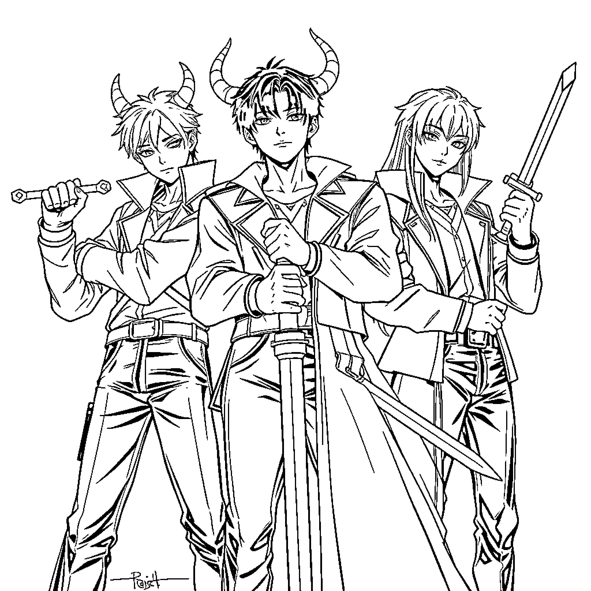Demon Hunter Squad Prepared for Battle Coloring Page (free black-and-white line drawing printable PDF for all, from beginners to advanced learners, including children, teens, adults, and seniors)