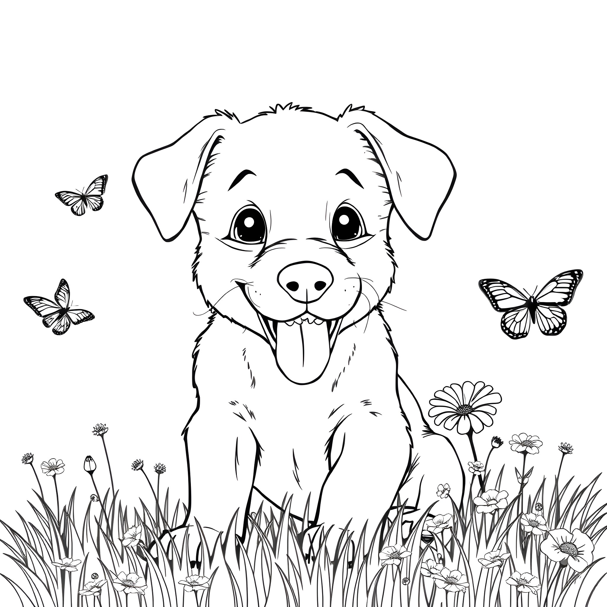 Puppy playing in the meadow with butterflies Coloring Page (free black-and-white line drawing printable PDF for all, from beginners to advanced learners, including children, teens, adults, and seniors)