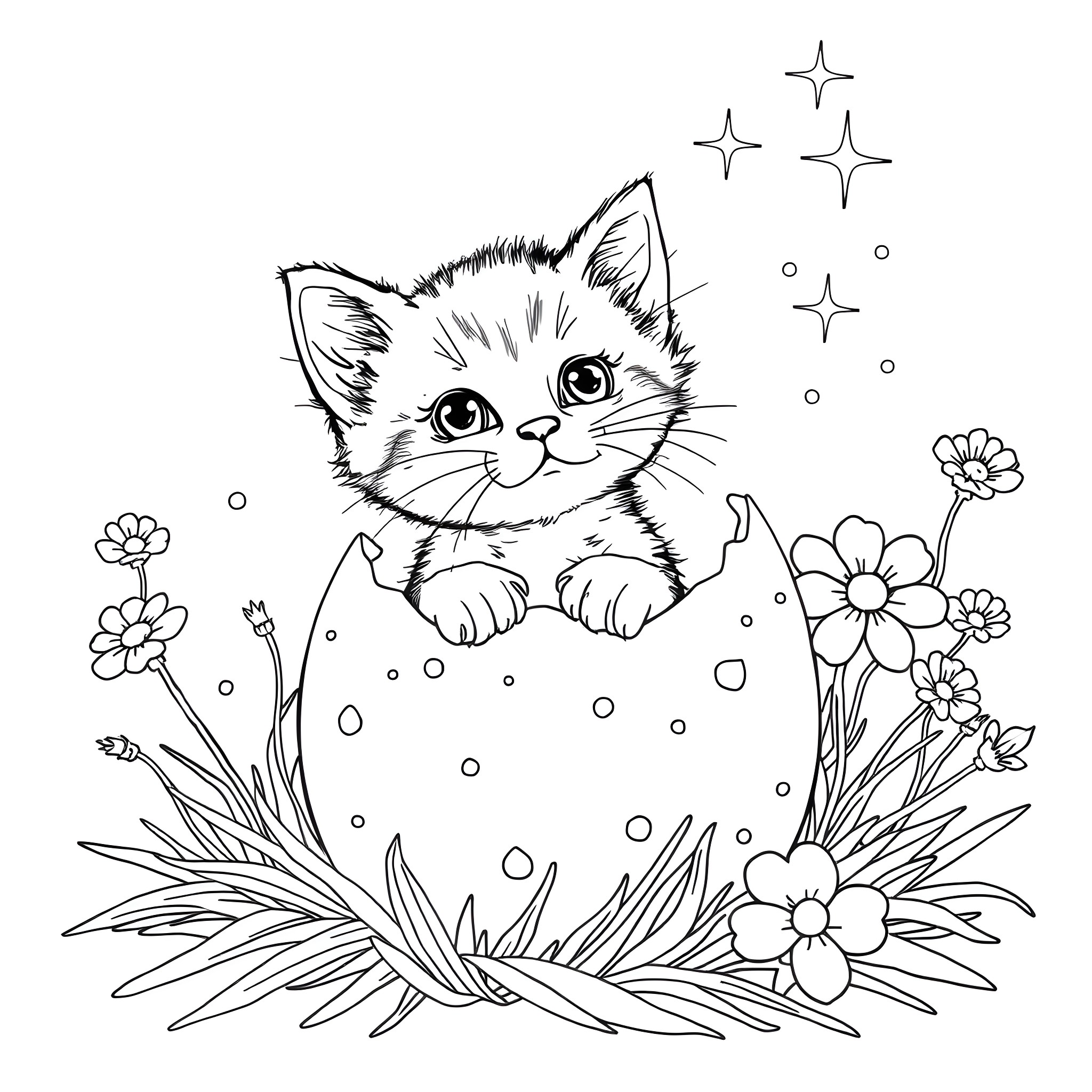 Kitten playing in the floral field Coloring Page (free black-and-white line drawing printable PDF for all, from beginners to advanced learners, including children, teens, adults, and seniors)