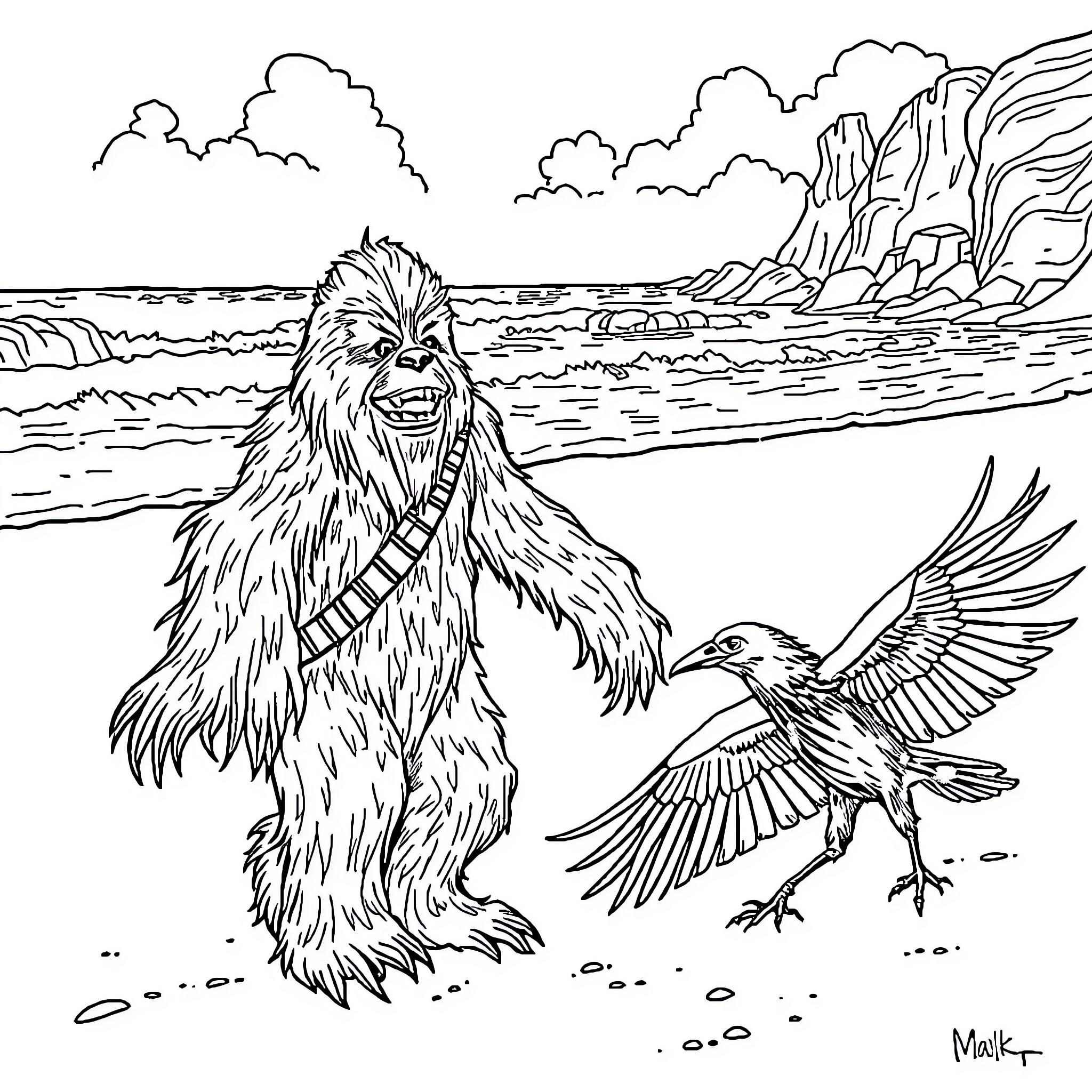 Wookie enjoying beach day with avian companion Coloring Page (free black-and-white line drawing printable PDF for all, from beginners to advanced learners, including children, teens, adults, and seniors)