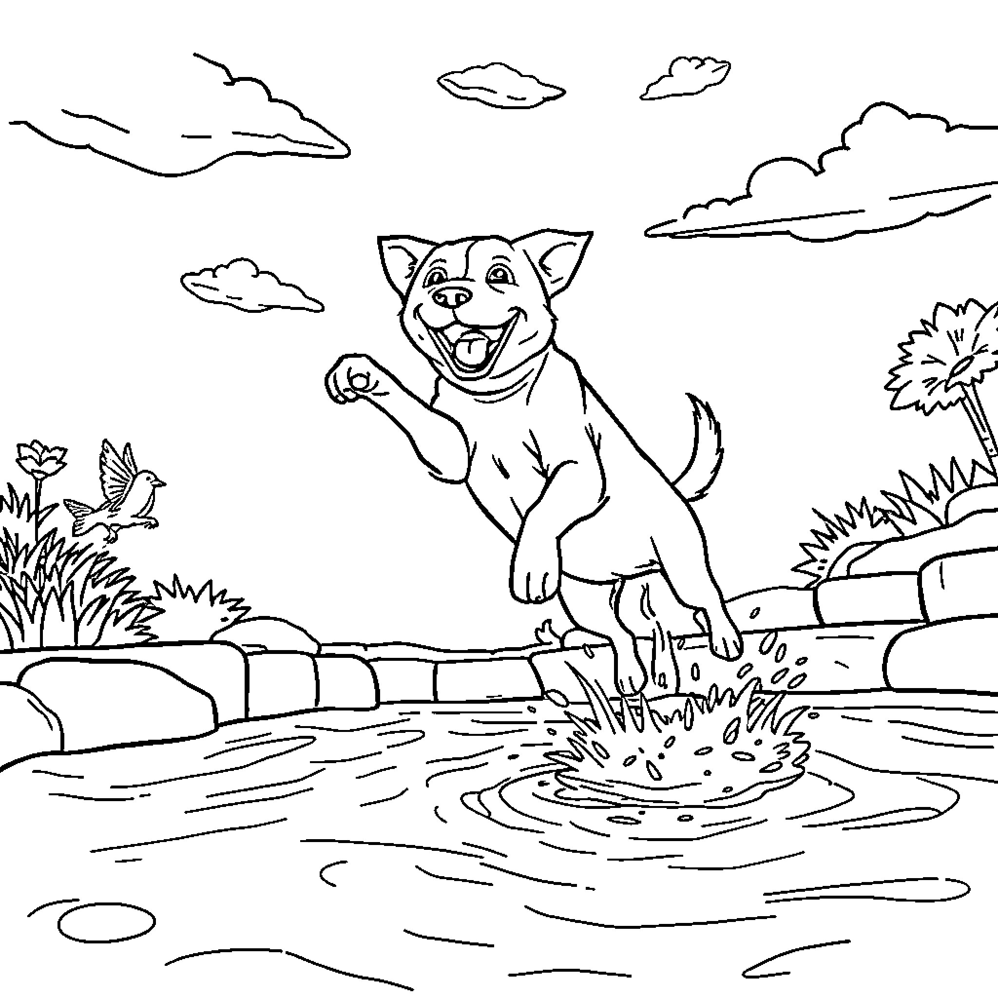 Dog happily playing in a pond Coloring Page (free black-and-white line drawing printable PDF for all, from beginners to advanced learners, including children, teens, adults, and seniors)