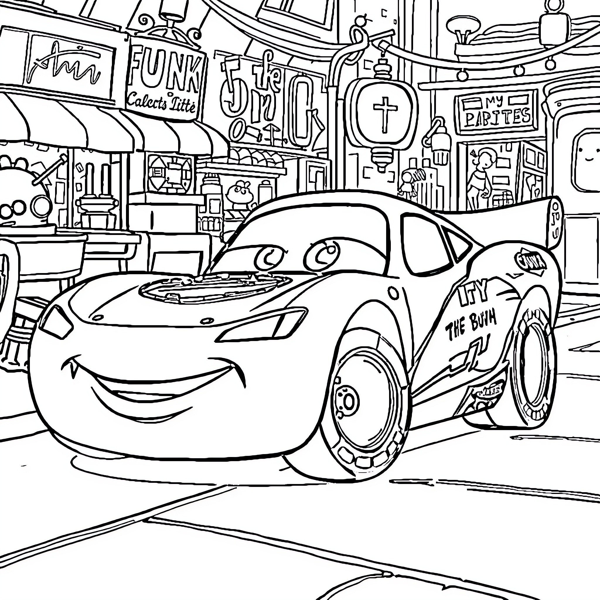 Lightning McQueen's Funky Adventure in Radiator Springs Coloring Page (free black-and-white line drawing printable PDF for all, from beginners to advanced learners, including children, teens, adults, and seniors)