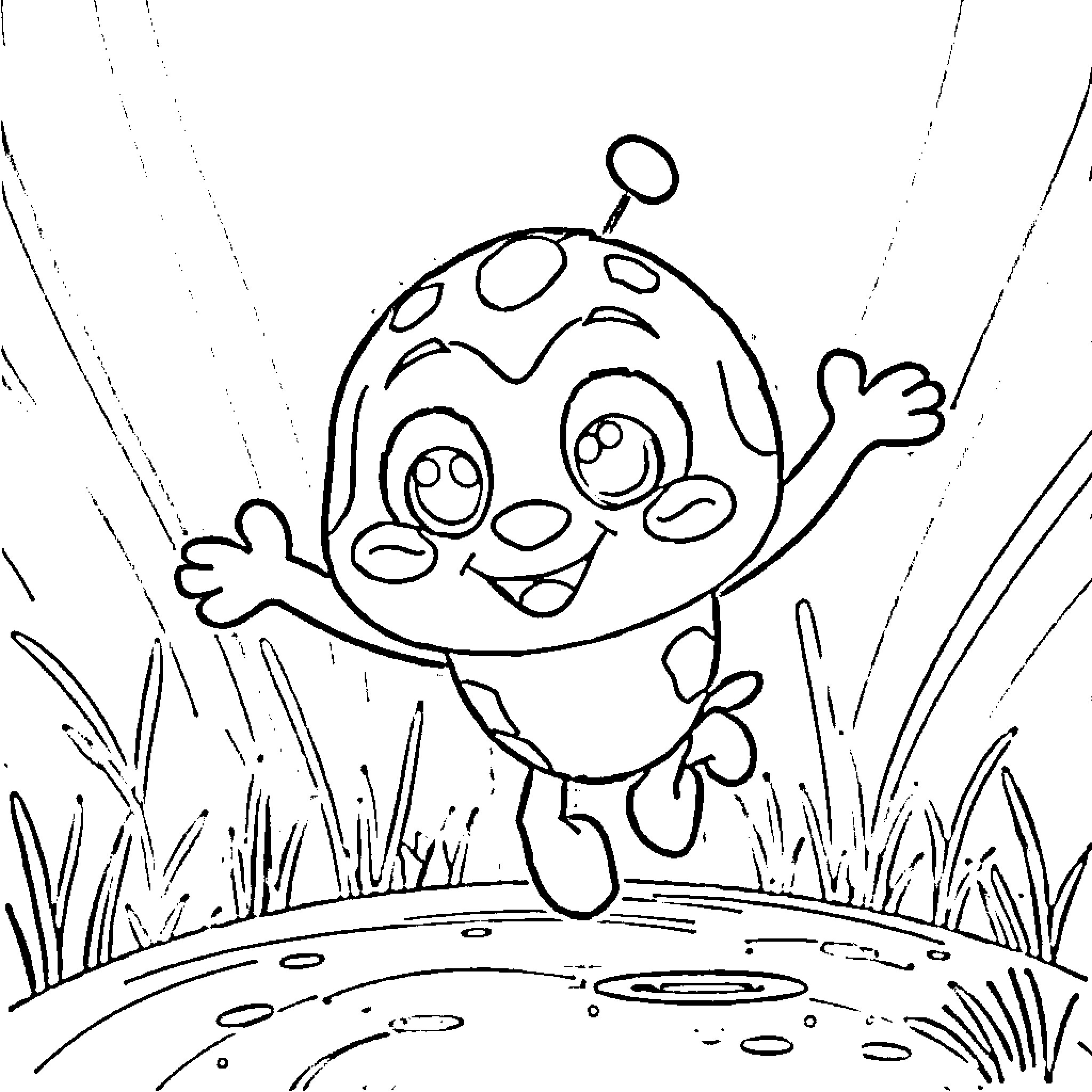 Labubu happily jumping in the field Coloring Page (free black-and-white line drawing printable PDF for all, from beginners to advanced learners, including children, teens, adults, and seniors)
