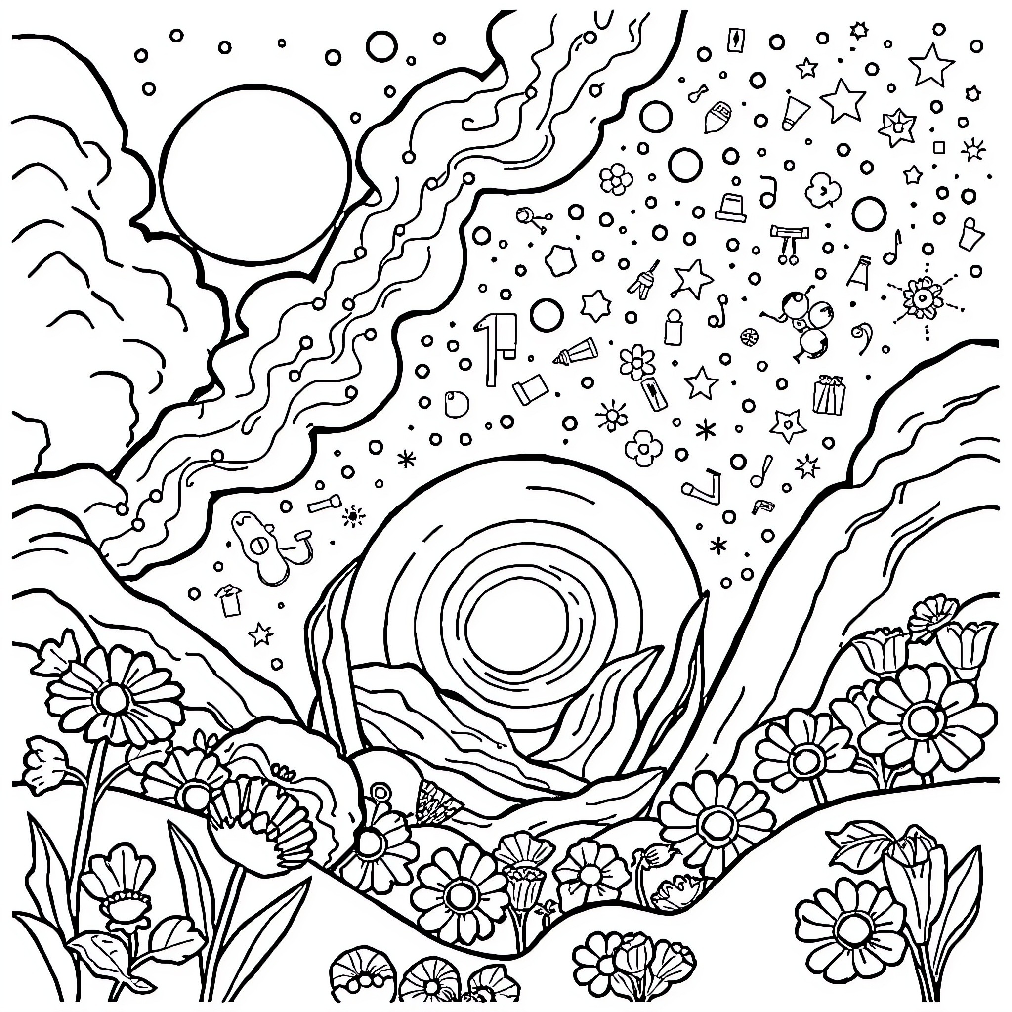 World of Whimsical Landscapes and Celestial Wonders Coloring Page (free black-and-white line drawing printable PDF for all, from beginners to advanced learners, including children, teens, adults, and seniors)