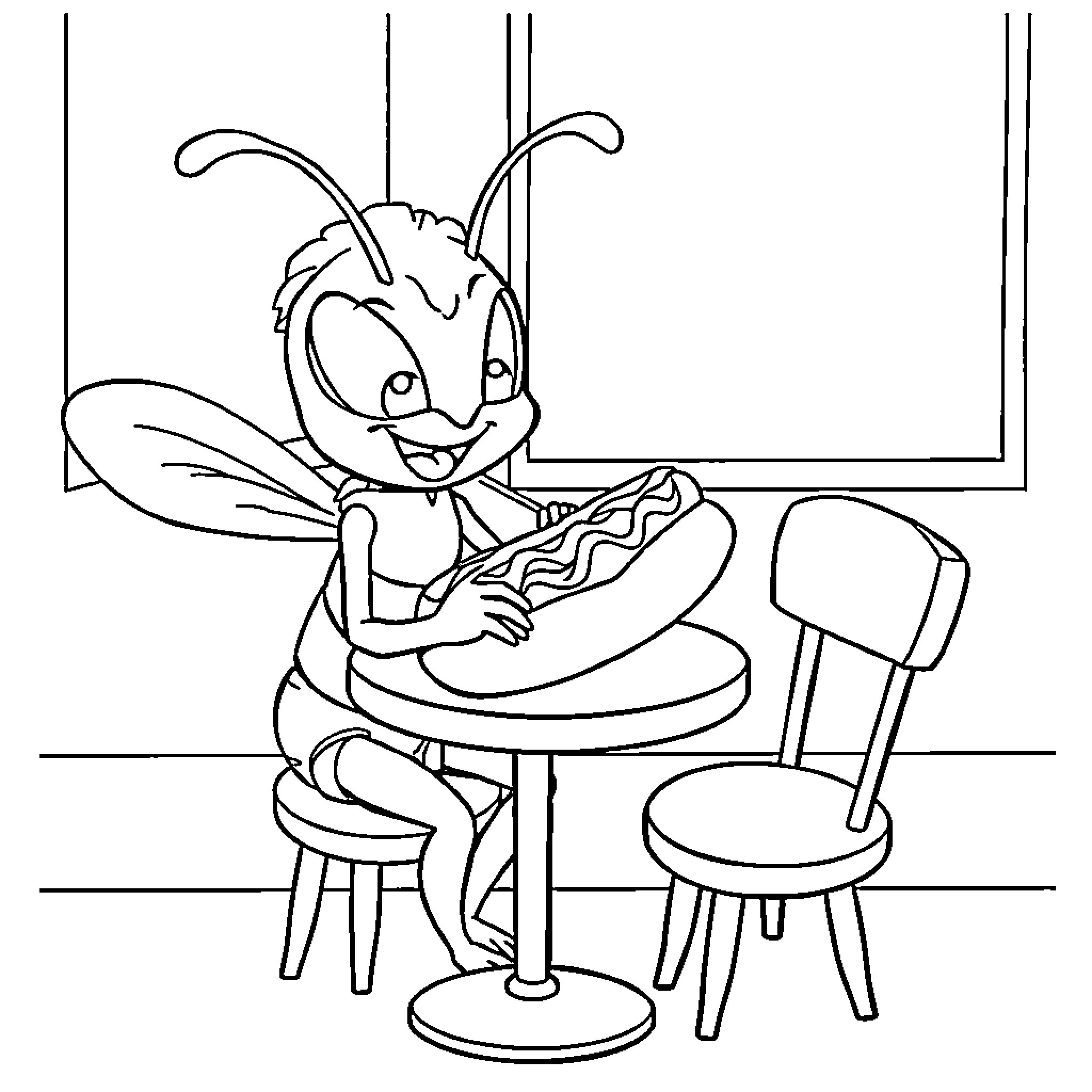 Hornet sitting at table enjoying a meal Coloring Page (free black-and-white line drawing printable PDF for all, from beginners to advanced learners, including children, teens, adults, and seniors)