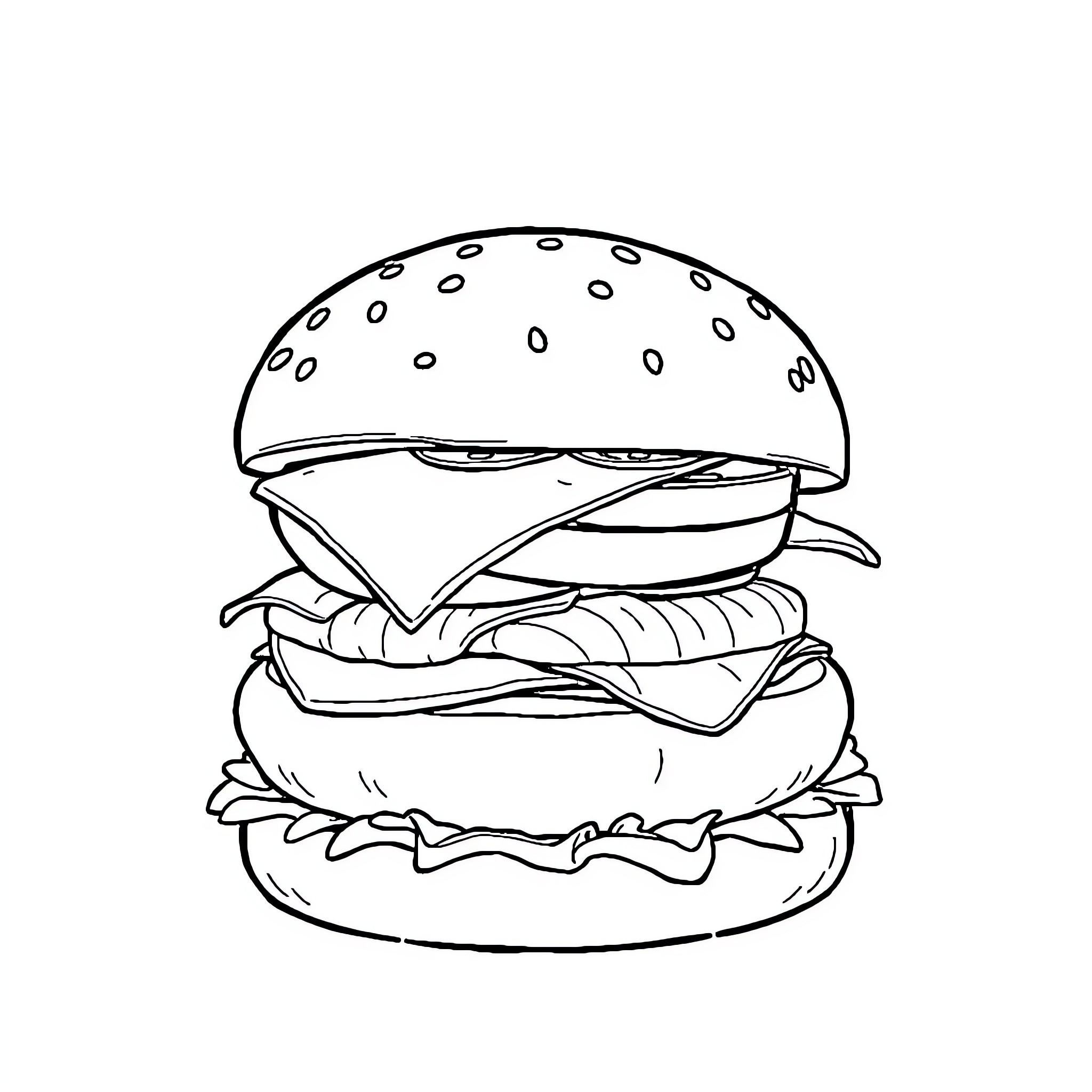 Burger with tasty ingredients Coloring Page (free black-and-white line drawing printable PDF for all, from beginners to advanced learners, including children, teens, adults, and seniors)