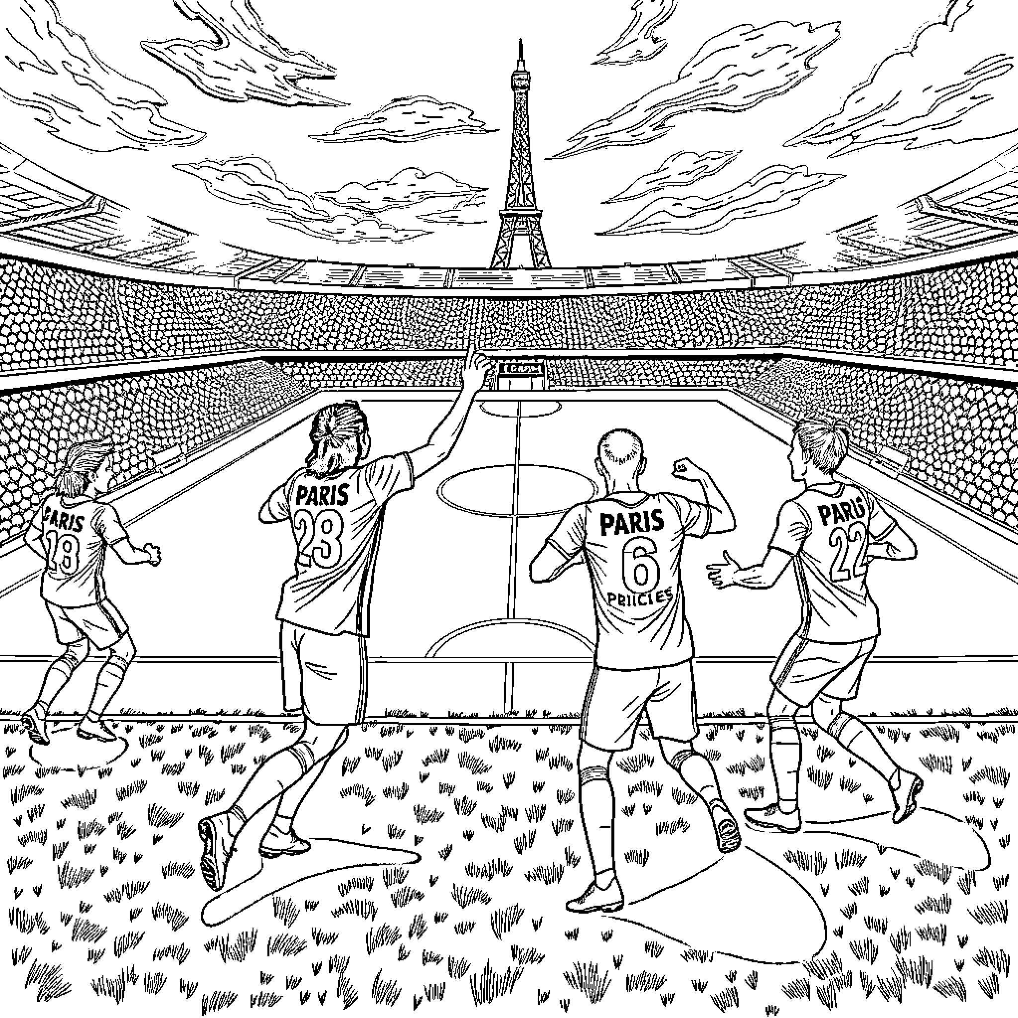 PSG players celebrating on the field in Paris Coloring Page (free black-and-white line drawing printable PDF for all, from beginners to advanced learners, including children, teens, adults, and seniors)