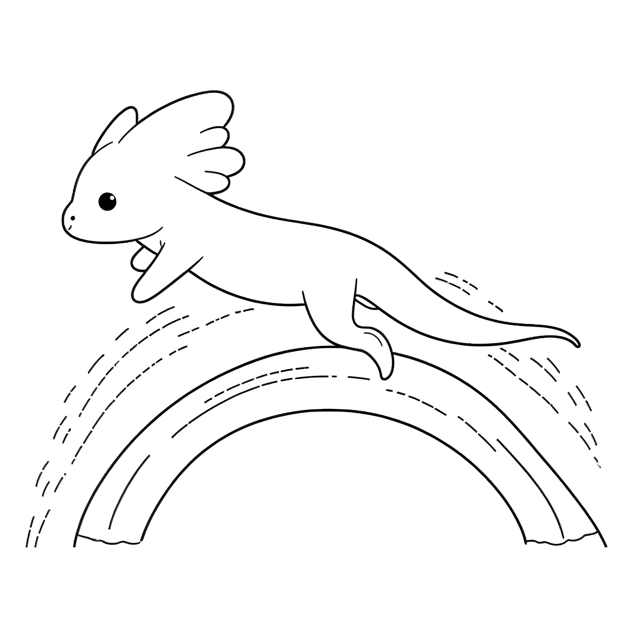 Oxolotle jumping happily over a rainbow Coloring Page (free black-and-white line drawing printable PDF for all, from beginners to advanced learners, including children, teens, adults, and seniors)