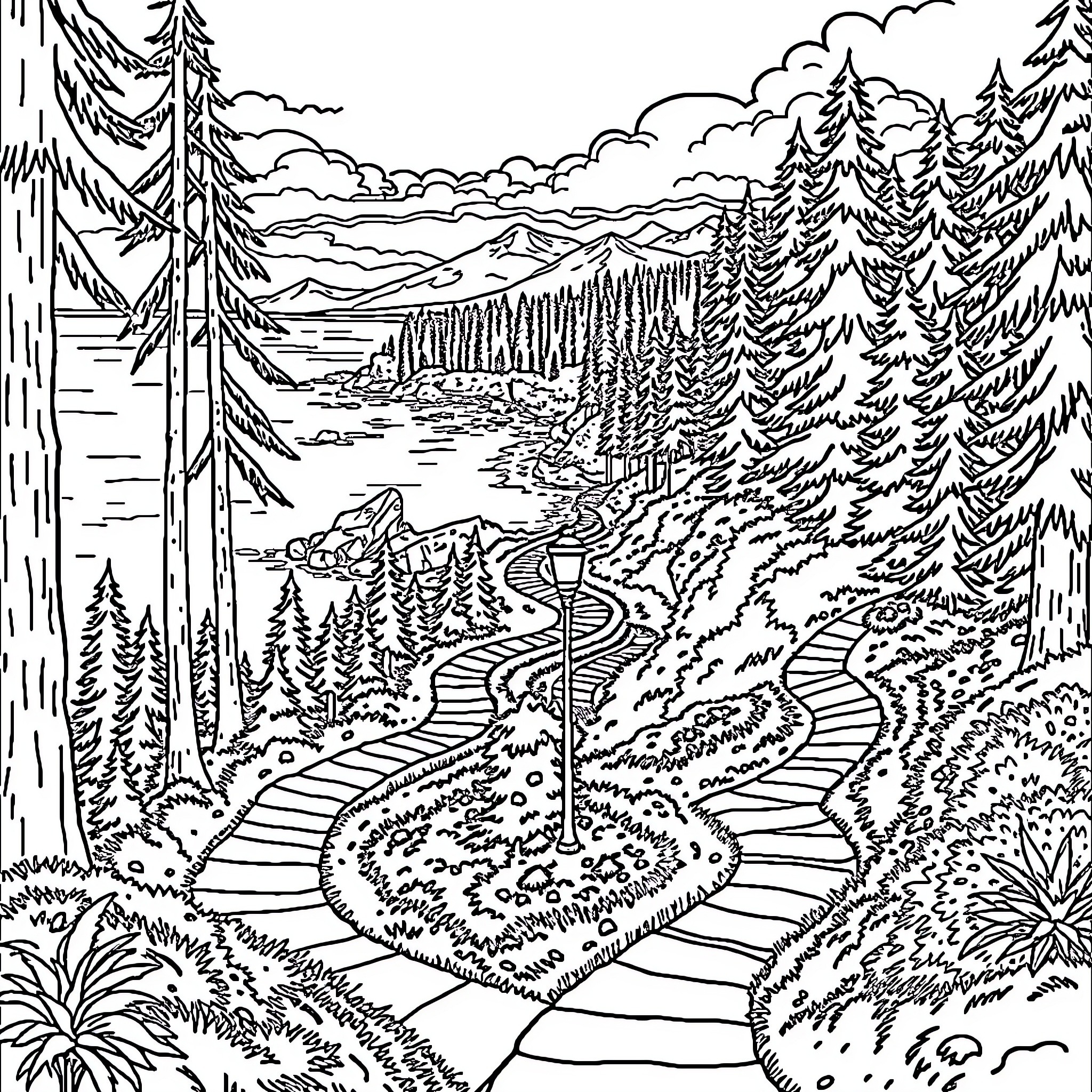 Maze-like hiking trail through dense forest landscape Coloring Page (free black-and-white line drawing printable PDF for all, from beginners to advanced learners, including children, teens, adults, and seniors)