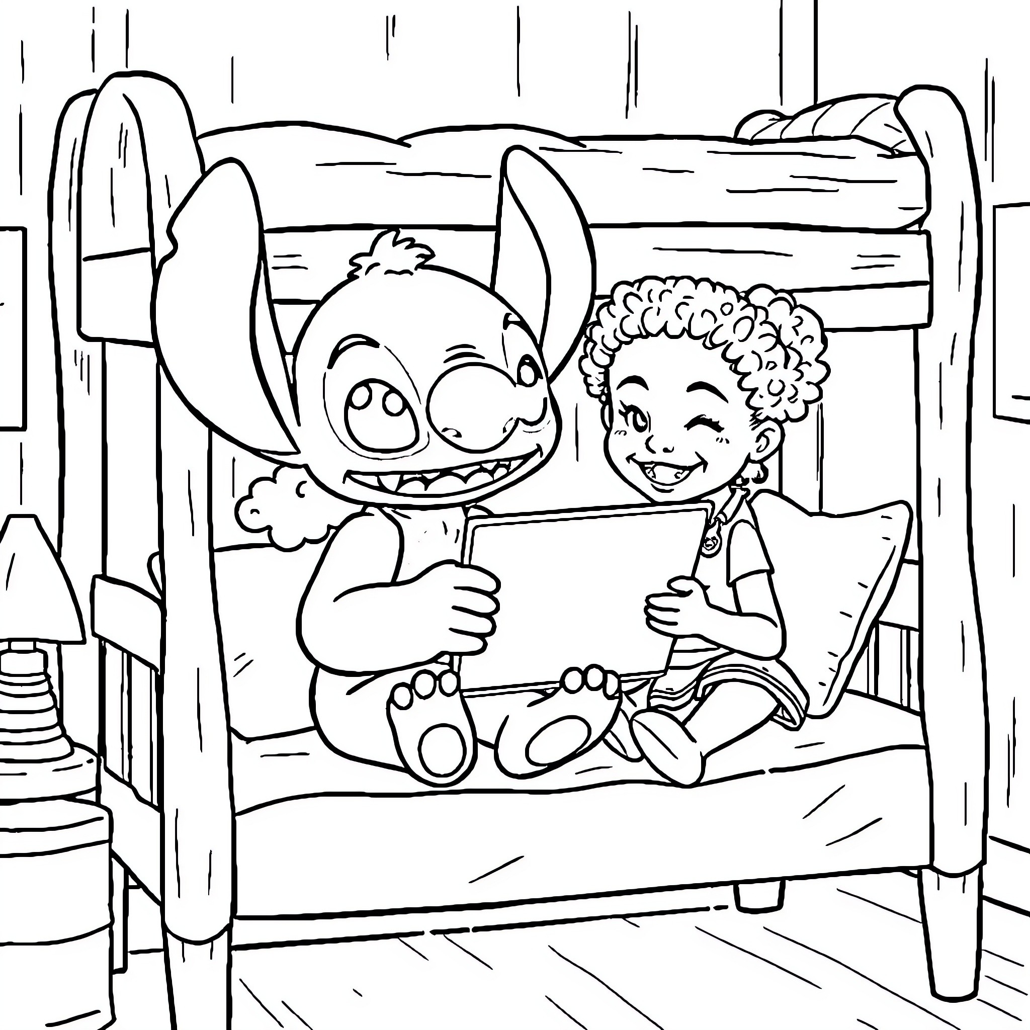 Stitch and Girl Sharing a Playful Moment Coloring Page (free black-and-white line drawing printable PDF for all, from beginners to advanced learners, including children, teens, adults, and seniors)
