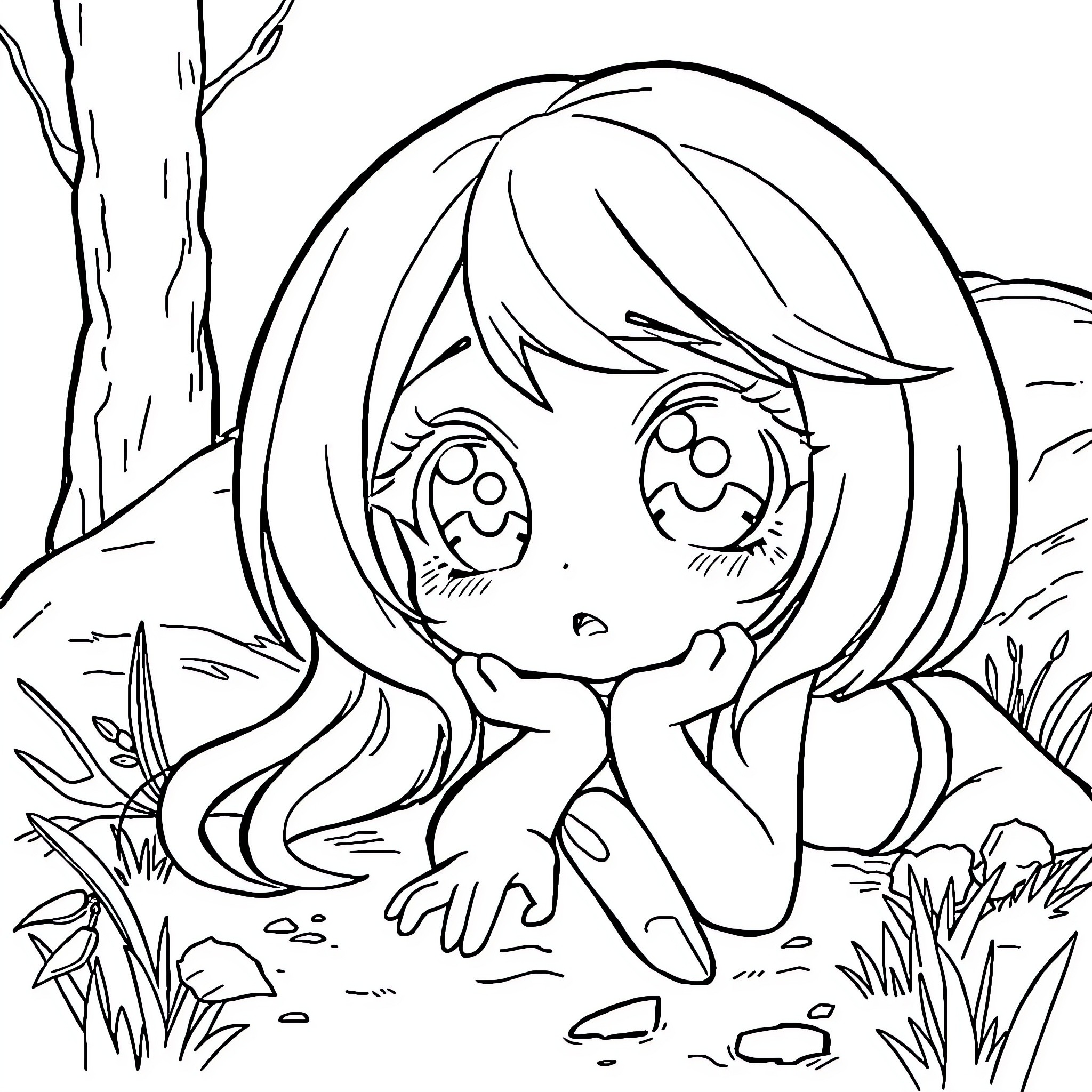 Anime Girl hiding in the forest Coloring Page (free black-and-white line drawing printable PDF for all, from beginners to advanced learners, including children, teens, adults, and seniors)