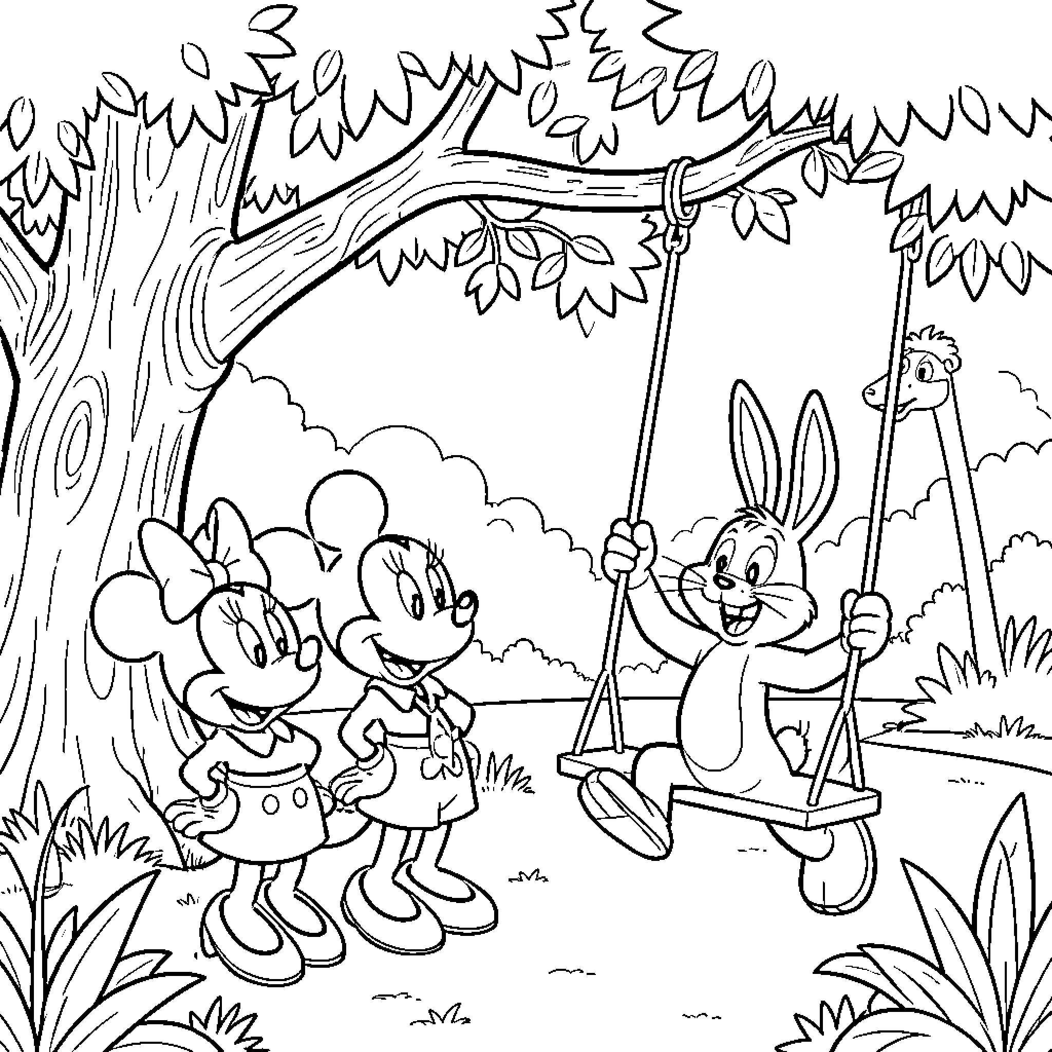 Minnie Mouse and friends enjoying a day in the park Coloring Page (free black-and-white line drawing printable PDF for all, from beginners to advanced learners, including children, teens, adults, and seniors)