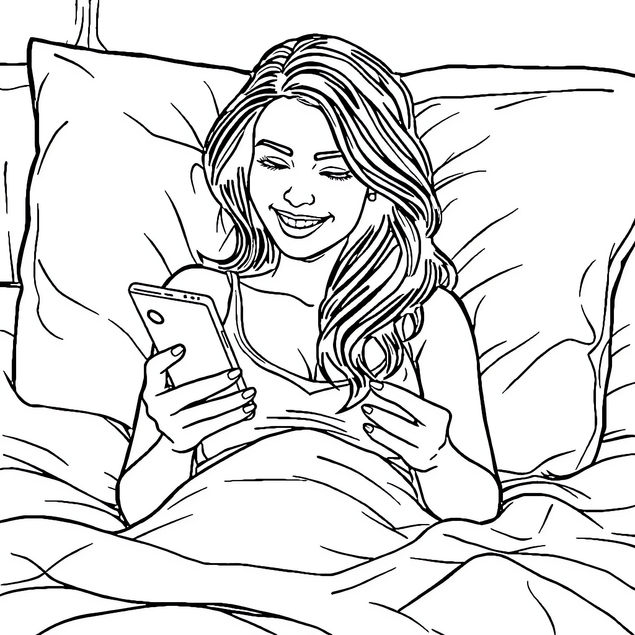 Wife relaxing and using smartphone in bed Coloring Page (free black-and-white line drawing printable PDF for all, from beginners to advanced learners, including children, teens, adults, and seniors)