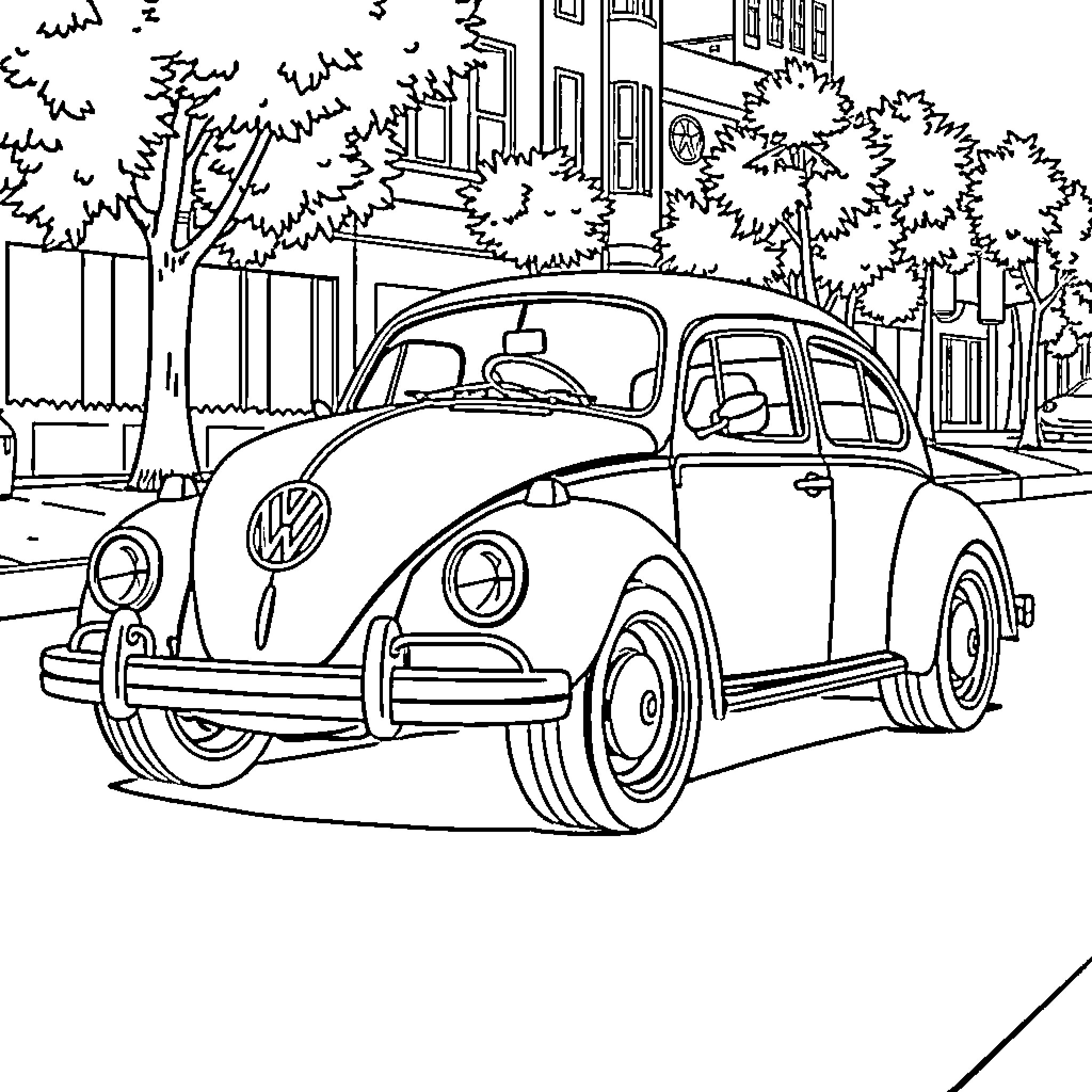 VW Car Parked on Residential Street Coloring Page (free black-and-white line drawing printable PDF for all, from beginners to advanced learners, including children, teens, adults, and seniors)