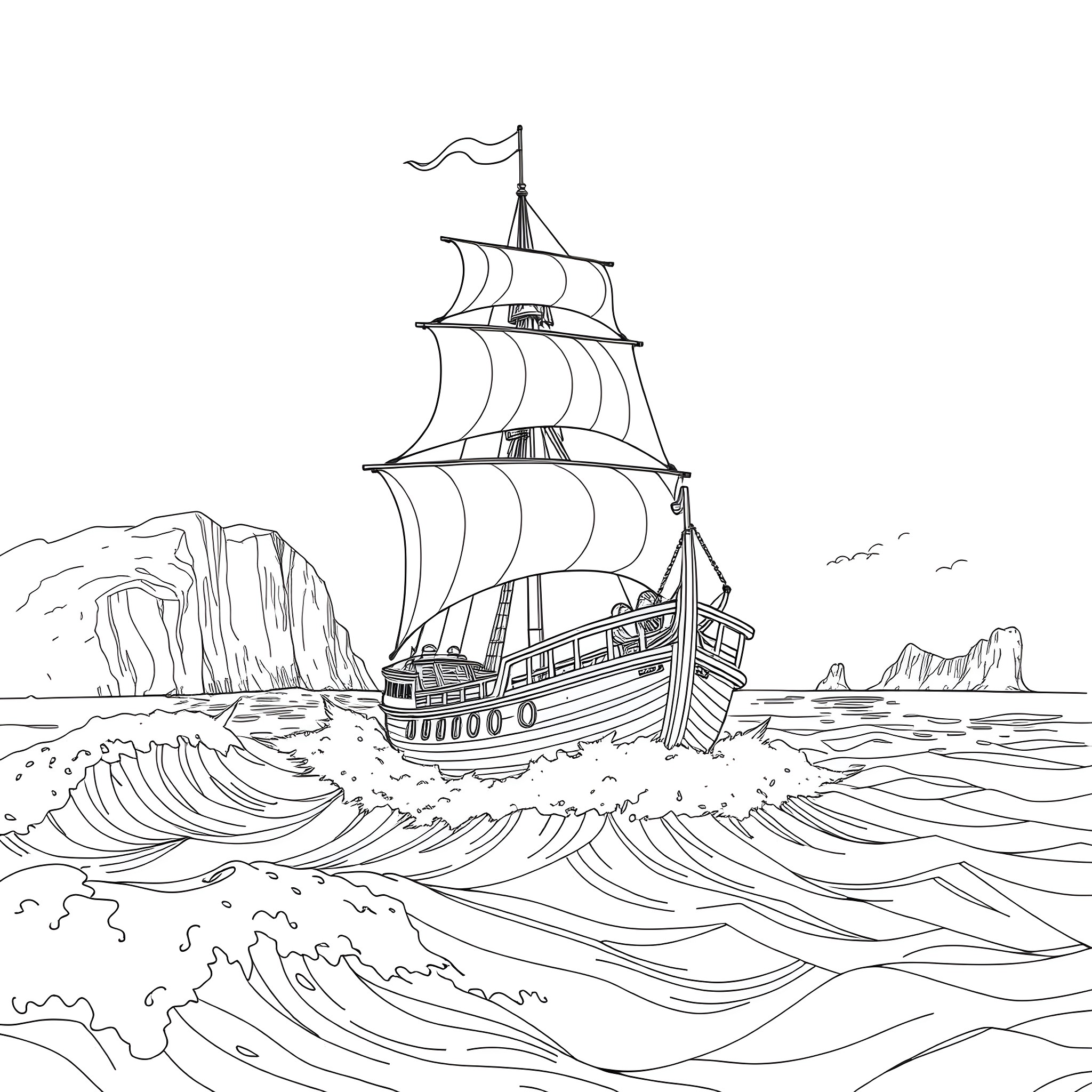 Pirate Ship Sailing through Choppy Seas Coloring Page (free black-and-white line drawing printable PDF for all, from beginners to advanced learners, including children, teens, adults, and seniors)