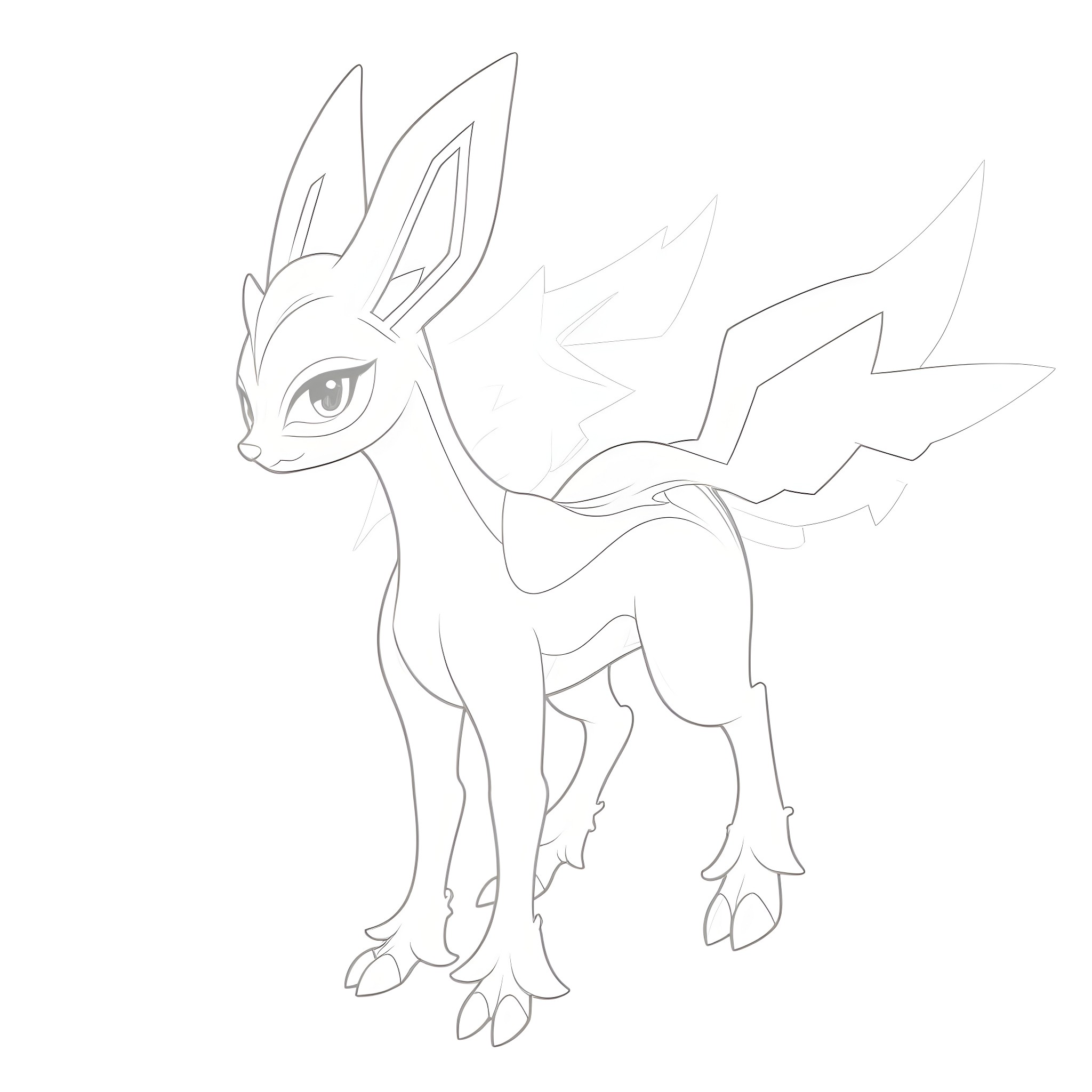 Zeraora facing forward with lightning bolts Coloring Page (free black-and-white line drawing printable PDF for all, from beginners to advanced learners, including children, teens, adults, and seniors)