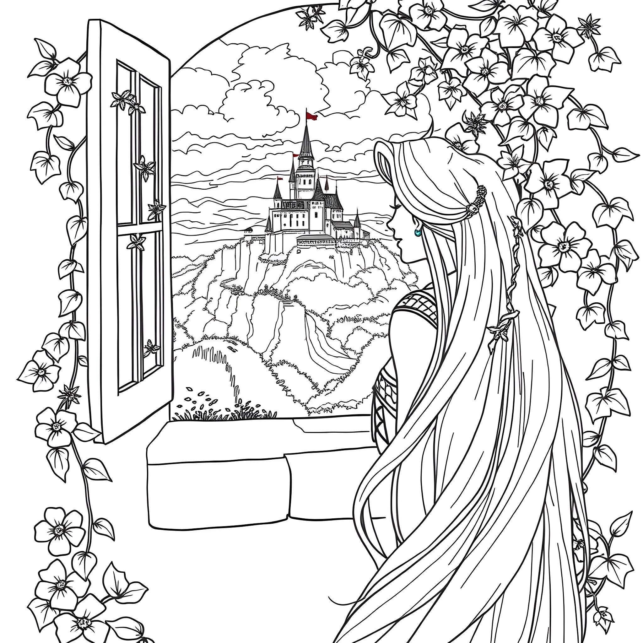 Rapunzel gazing at the fairy tale castle through the window Coloring Page (free black-and-white line drawing printable PDF for all, from beginners to advanced learners, including children, teens, adults, and seniors)