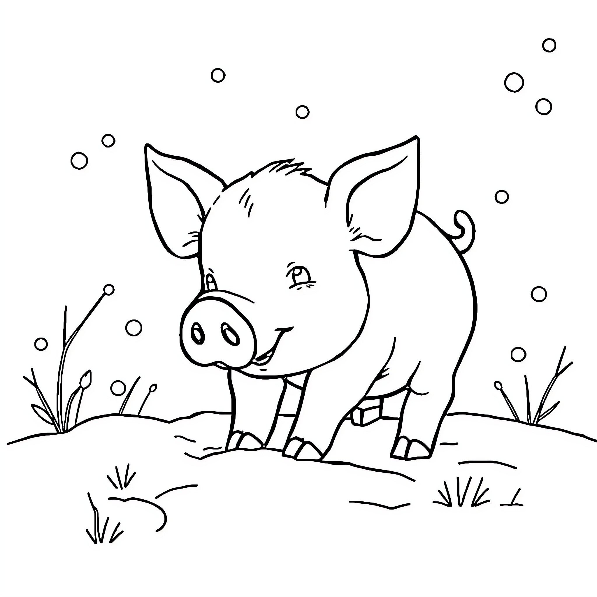 Pig playing in the mud Coloring Page (free black-and-white line drawing printable PDF for all, from beginners to advanced learners, including children, teens, adults, and seniors)