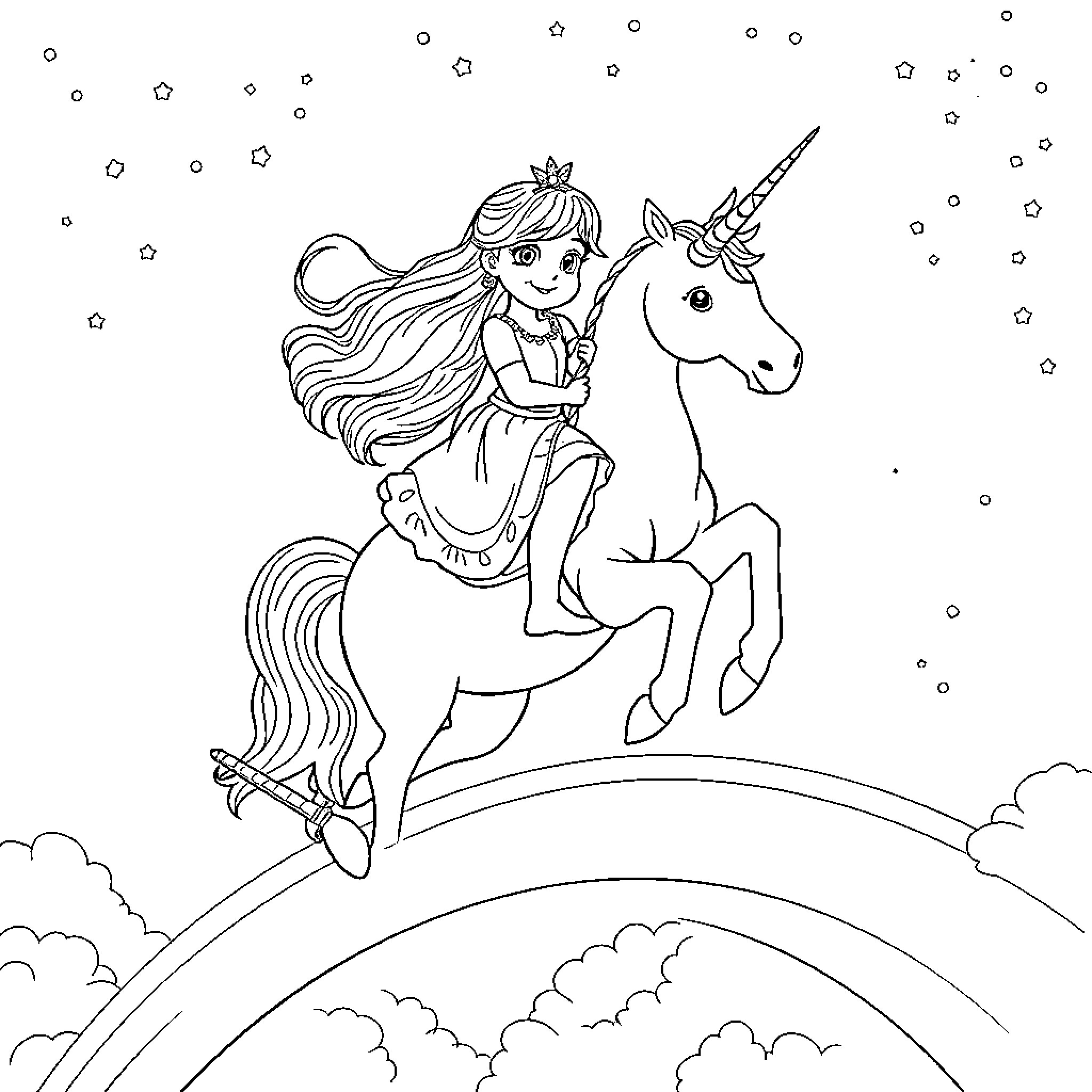 Girl riding a magical unicorn in the clouds Coloring Page (free black-and-white line drawing printable PDF for all, from beginners to advanced learners, including children, teens, adults, and seniors)