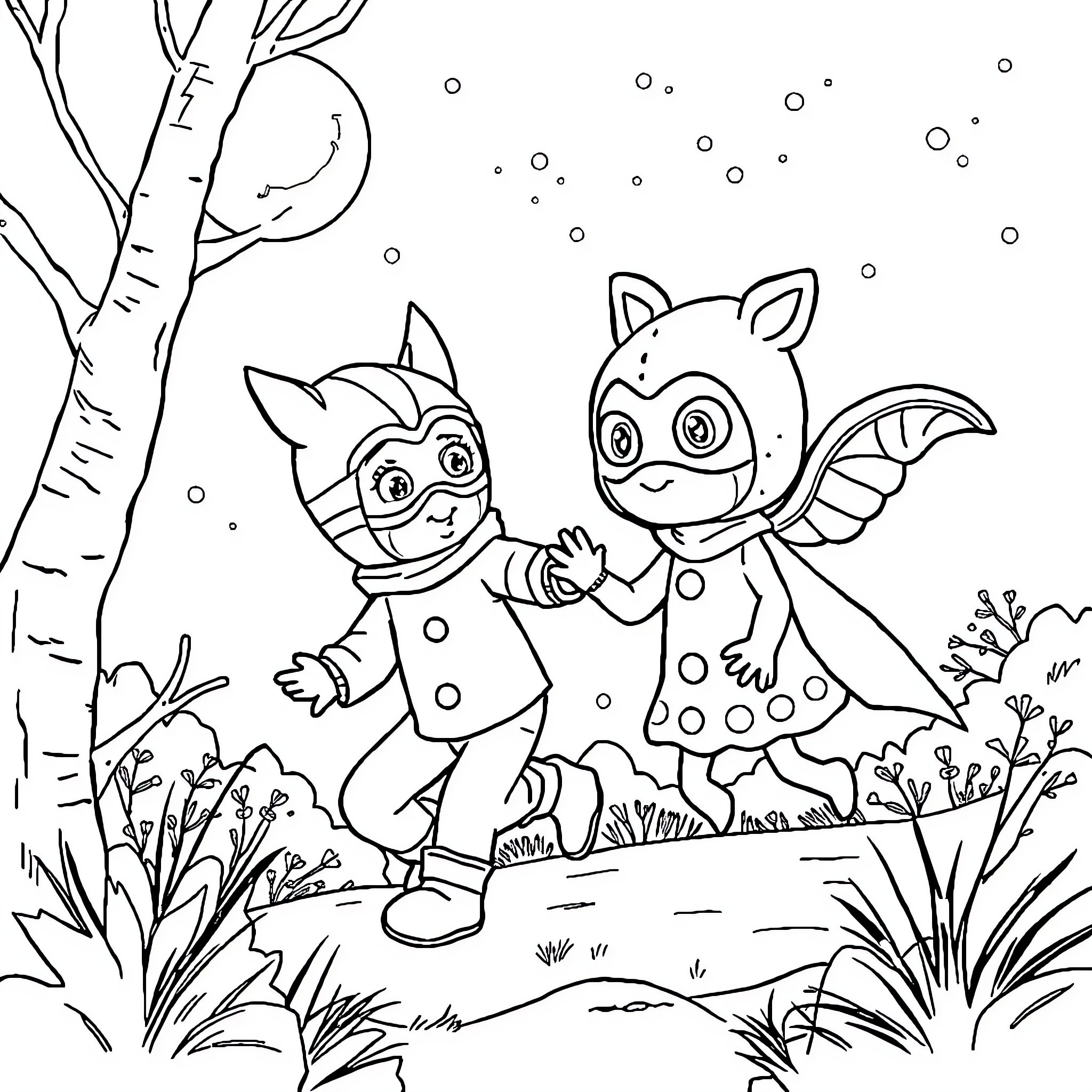 Pijamask characters playing in a snowy forest Coloring Page (free black-and-white line drawing printable PDF for all, from beginners to advanced learners, including children, teens, adults, and seniors)