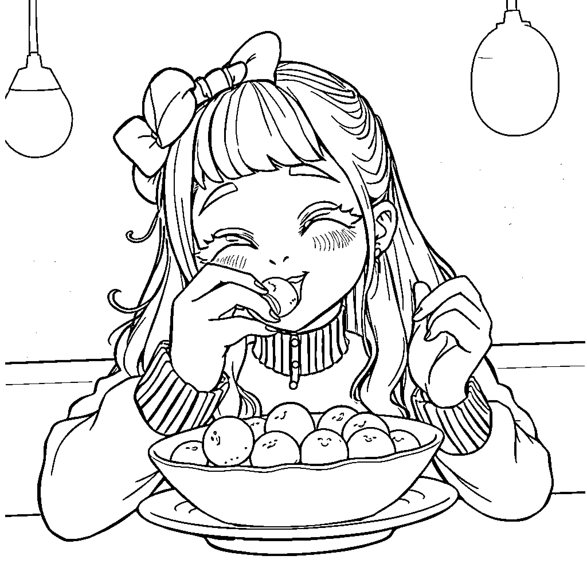 Rumi enjoying a delicious snack Coloring Page (free black-and-white line drawing printable PDF for all, from beginners to advanced learners, including children, teens, adults, and seniors)