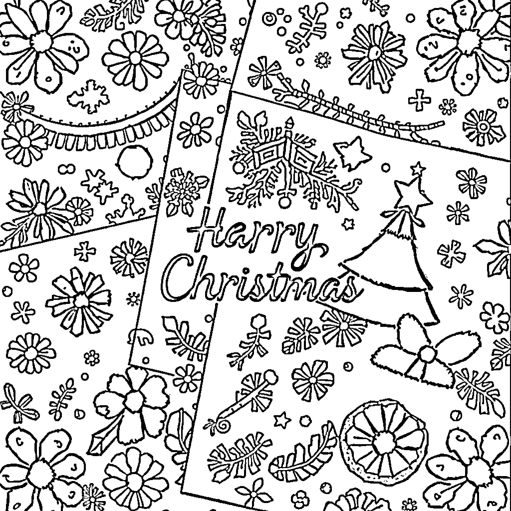 Christmas floral patterns with festive tree Coloring Page (free black-and-white line drawing printable PDF for all, from beginners to advanced learners, including children, teens, adults, and seniors)