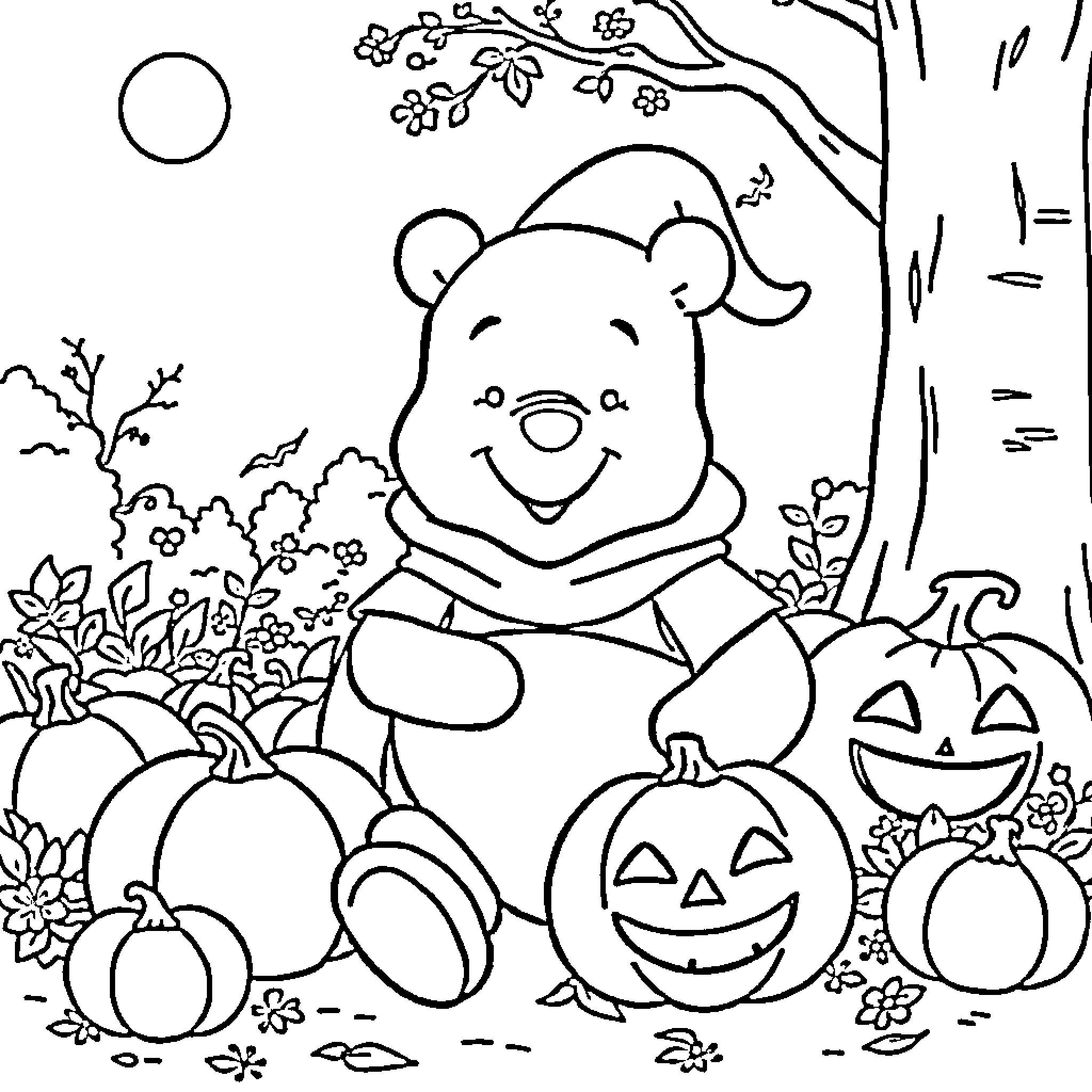 Winnie The Pooh enjoying Halloween with pumpkins Coloring Page (free black-and-white line drawing printable PDF for all, from beginners to advanced learners, including children, teens, adults, and seniors)