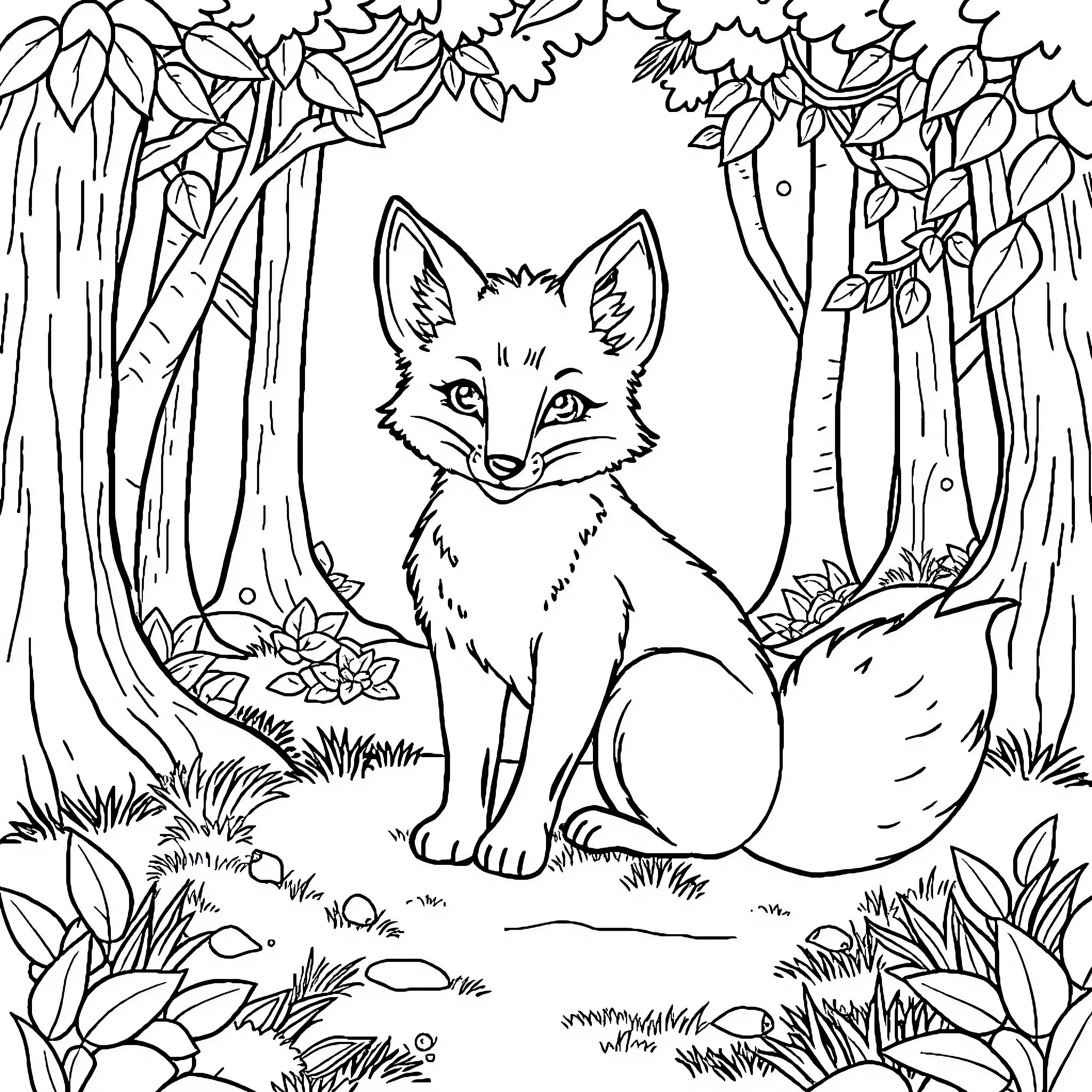 Fox exploring the enchanted forest Coloring Page (free black-and-white line drawing printable PDF for all, from beginners to advanced learners, including children, teens, adults, and seniors)