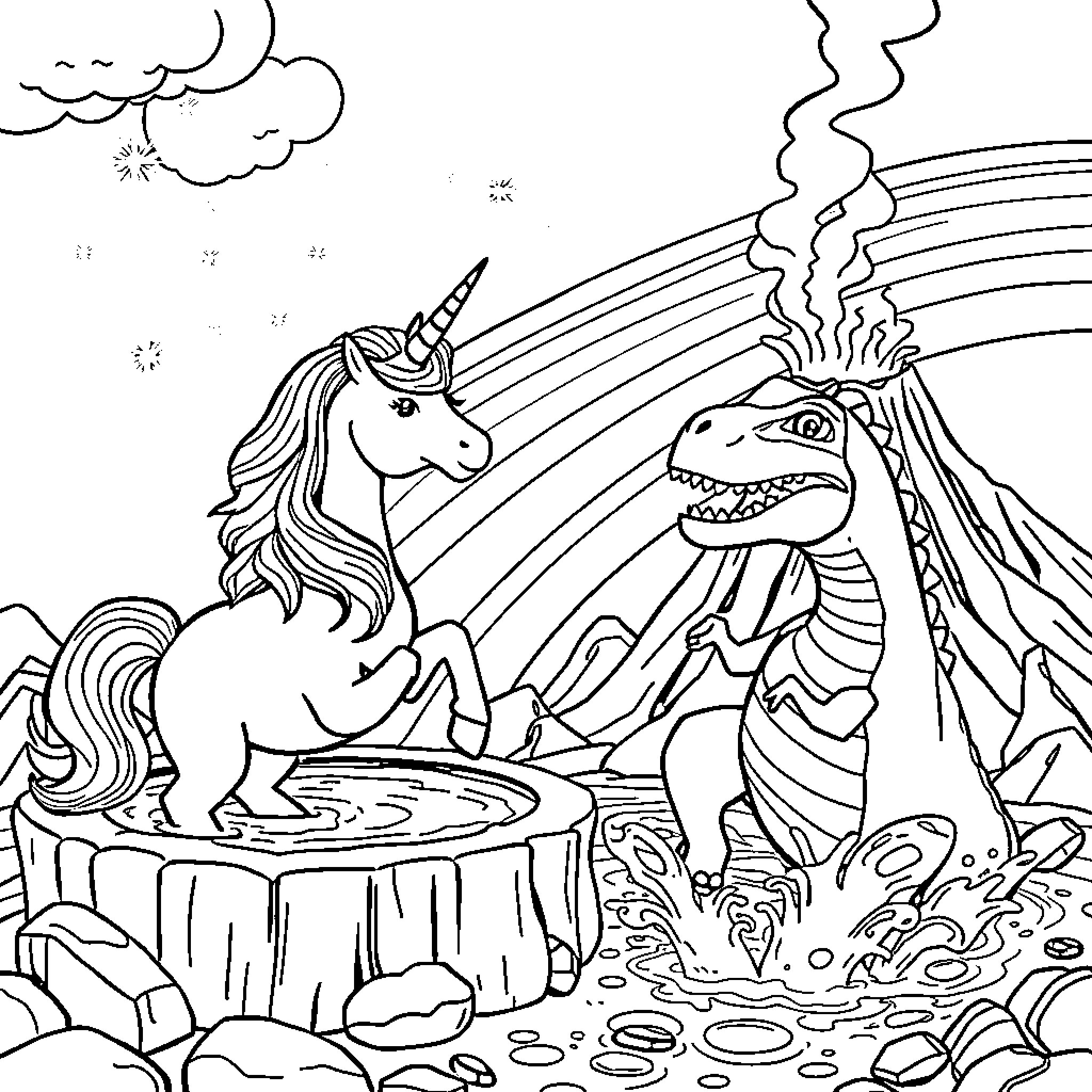 Unicorn Encounters Mythical Creature in Enchanted Forest Coloring Page (free black-and-white line drawing printable PDF for all, from beginners to advanced learners, including children, teens, adults, and seniors)