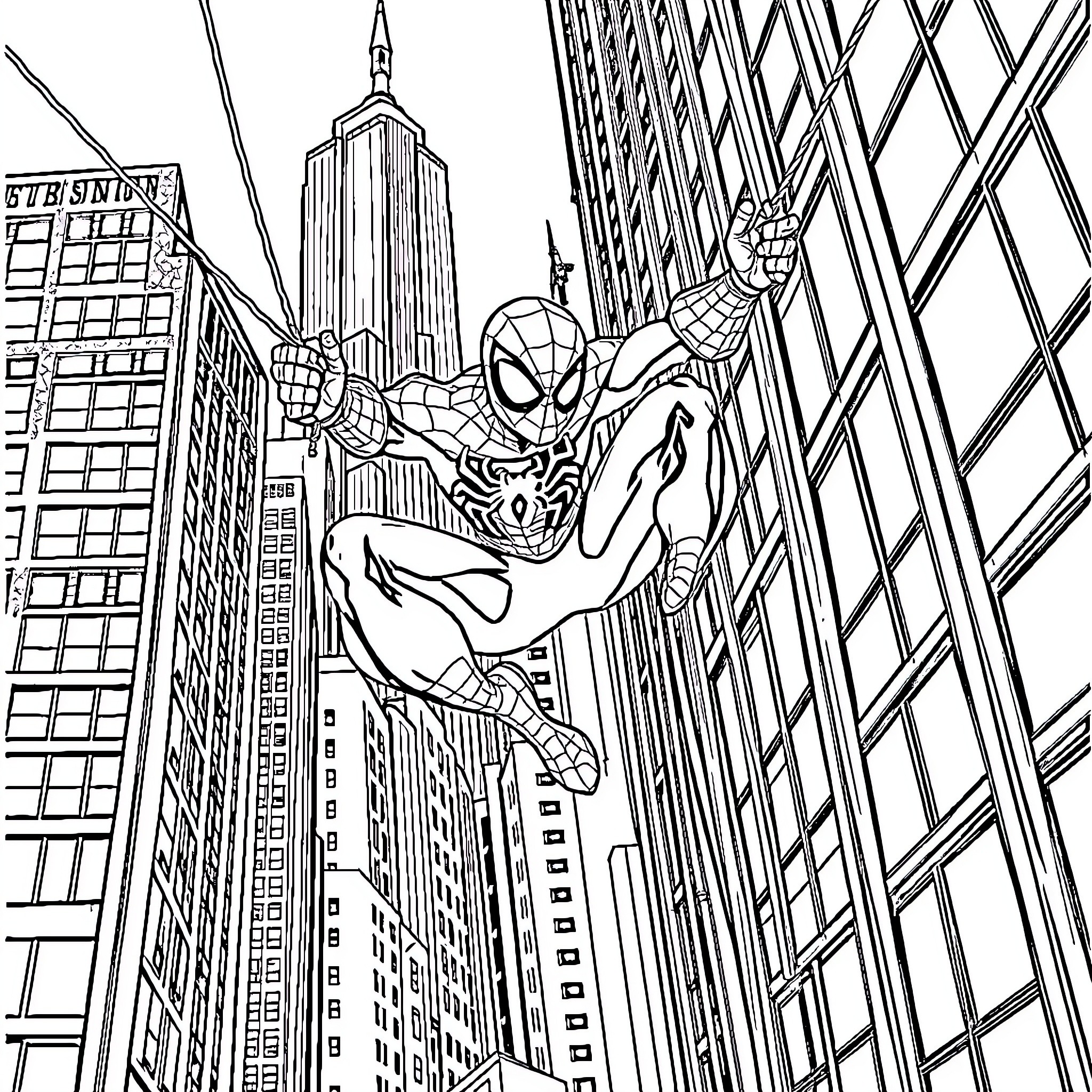 Spider-Man swinging through the city skyscrapers Coloring Page (free black-and-white line drawing printable PDF for all, from beginners to advanced learners, including children, teens, adults, and seniors)